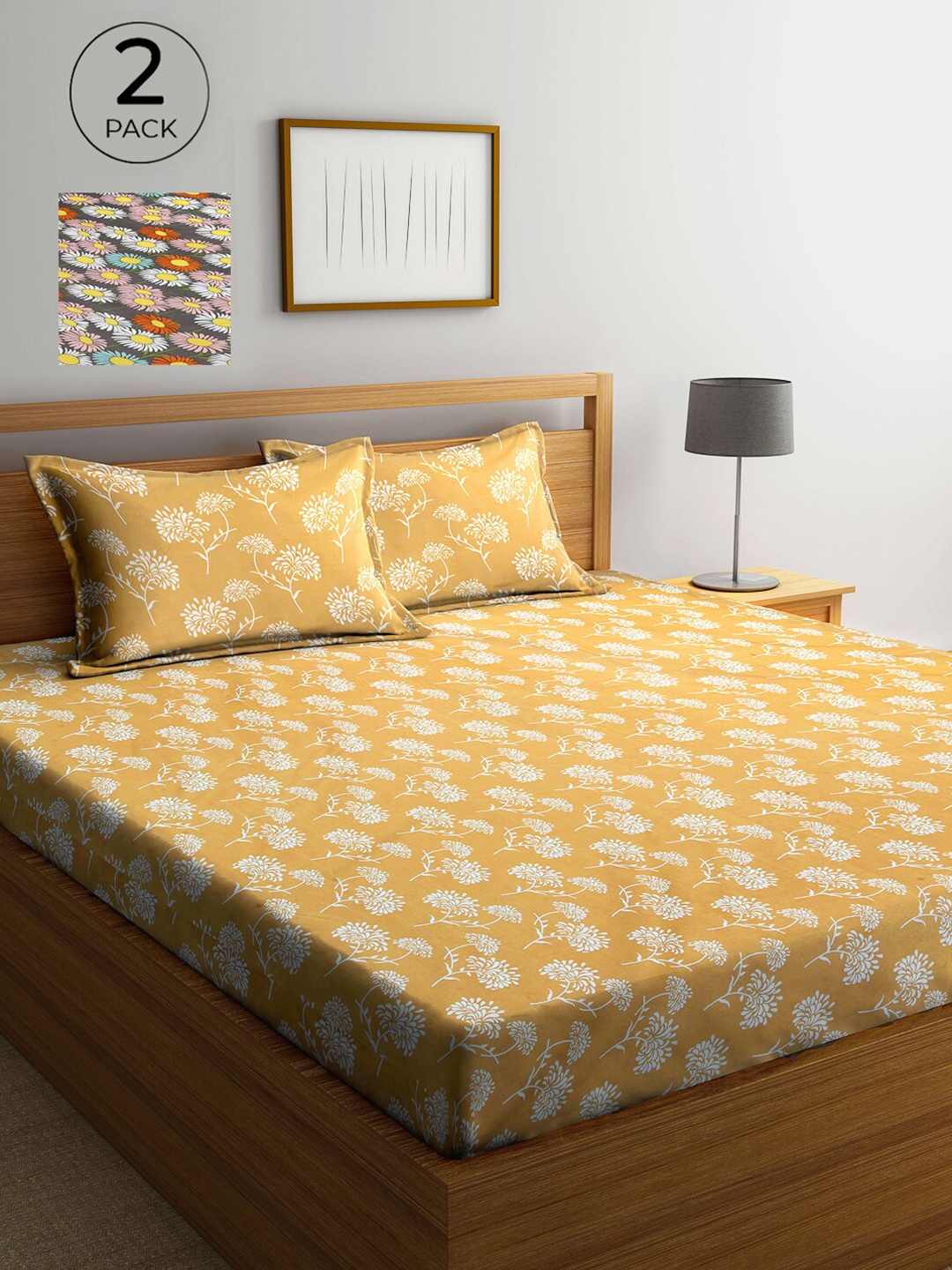 

Arrabi Yellow & Grey Floral 300 TC 2 King Bedsheet with 4 Pillow Covers