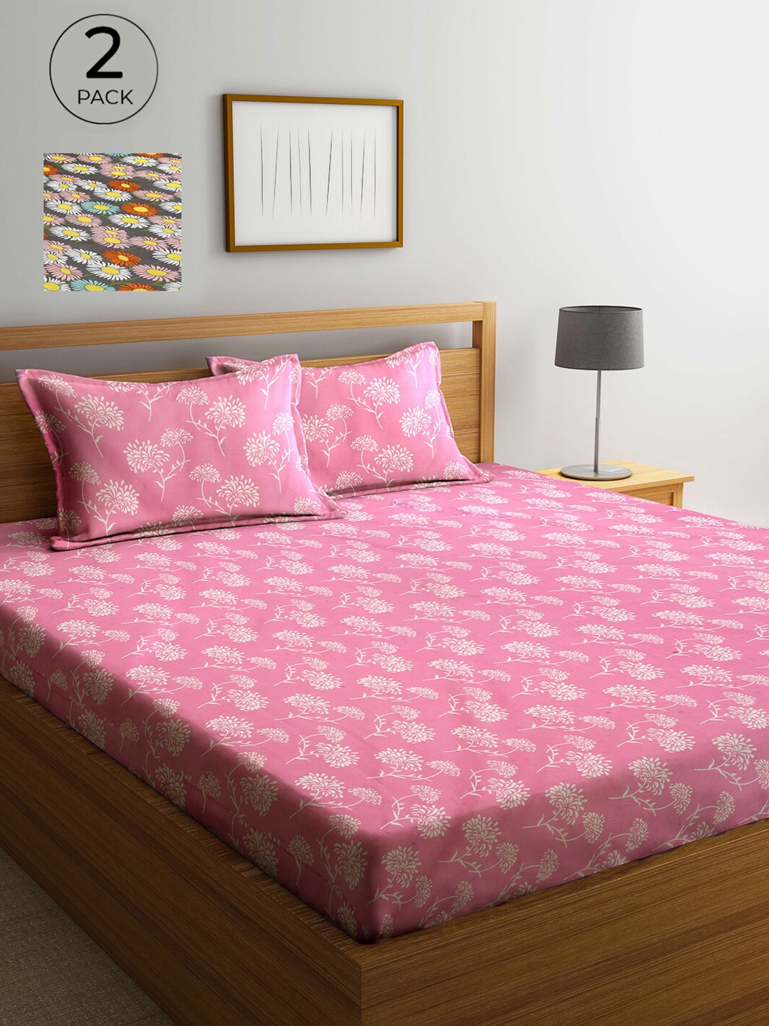 

Arrabi Pink & Grey Floral 300 TC 2 King Bedsheet with 4 Pillow Covers