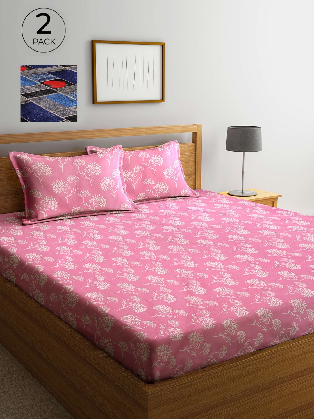 

Arrabi Pink & Blue Floral 300 TC 2 King Bedsheet with 4 Pillow Covers