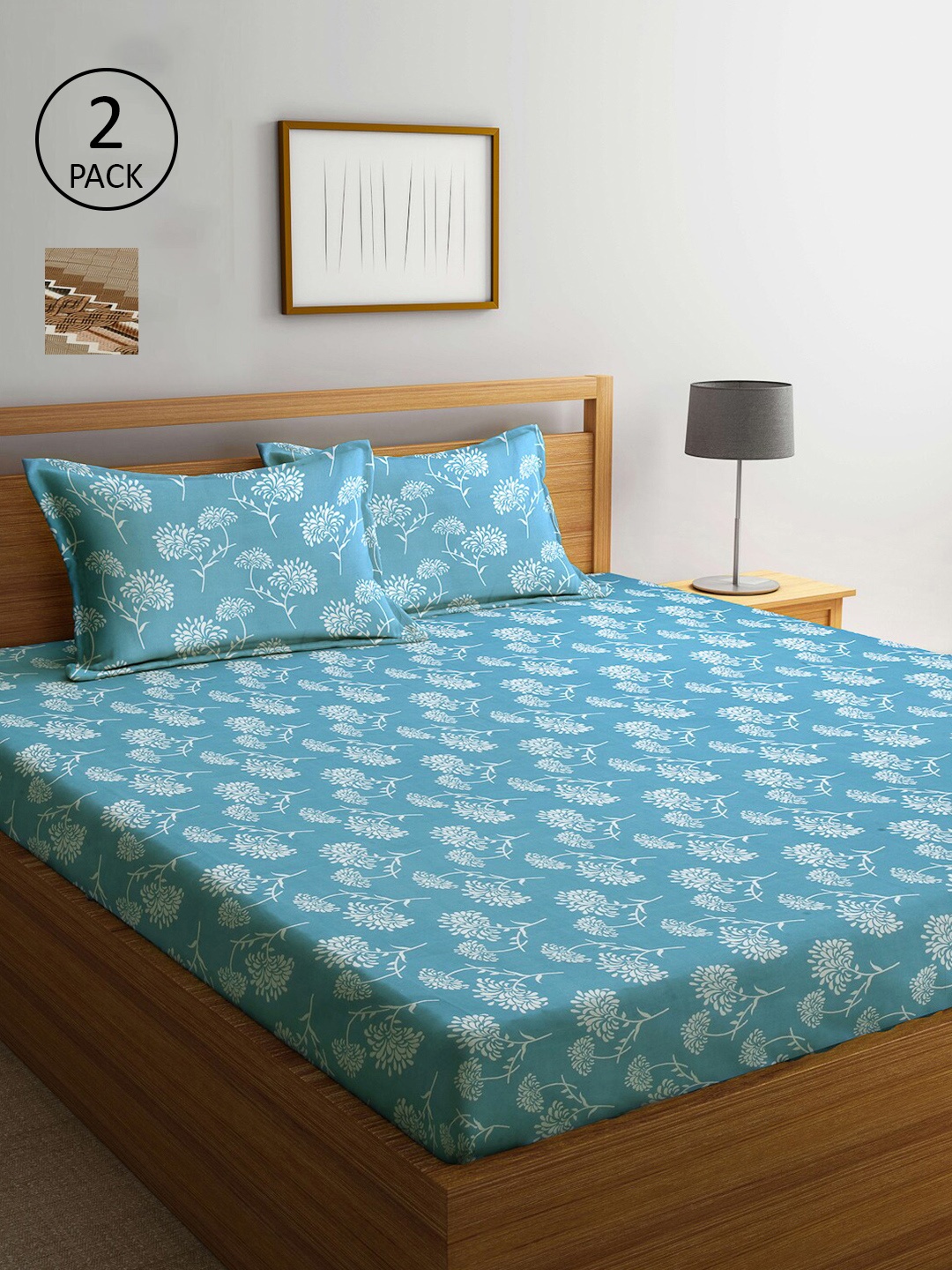 

Arrabi Turquoise Blue & Brown Floral 300 TC 2 King Bedsheet with 4 Pillow Covers