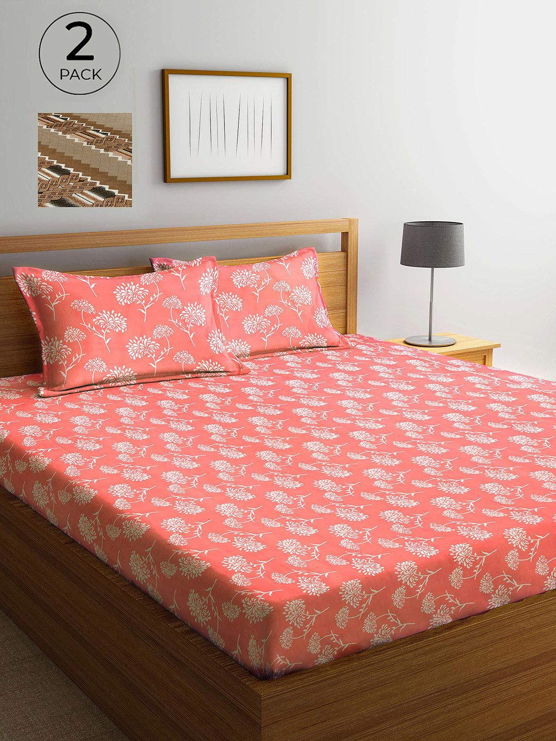 

Arrabi Peach-Coloured & Tan Floral 300 TC 2 King Bedsheet with 4 Pillow Covers