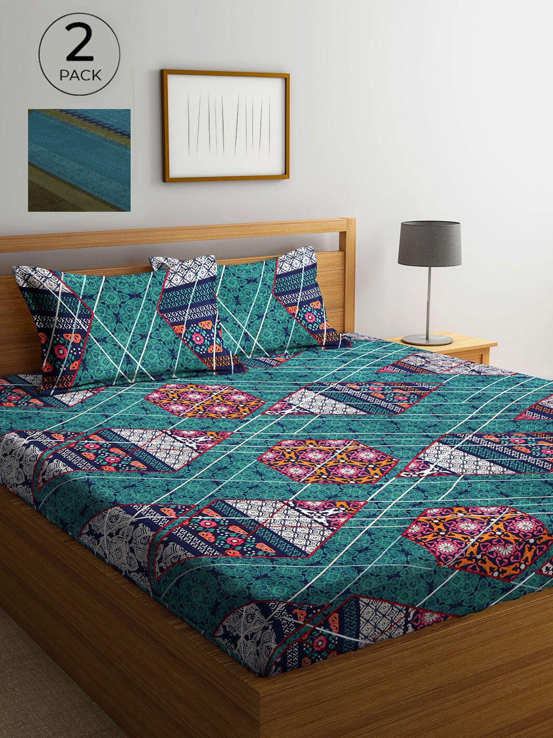 

Arrabi Green & Red Ethnic Motifs 300 TC 2 King Bedsheet with 4 Pillow Covers