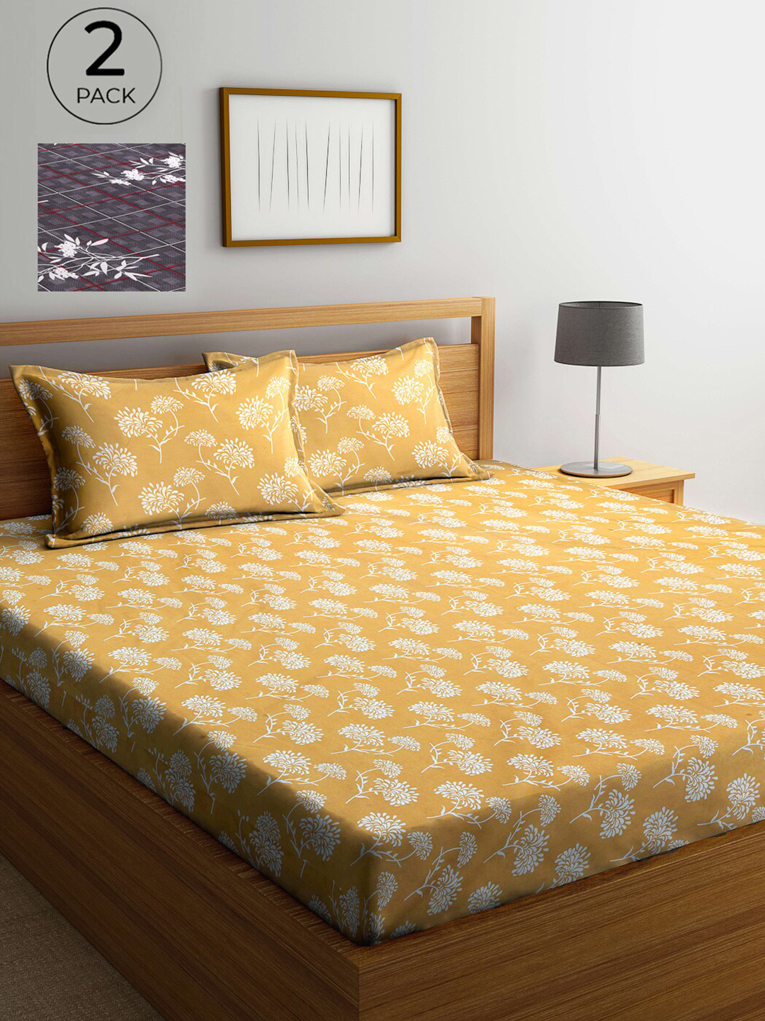 

Arrabi Yellow & Grey Floral 300 TC 2 King Bedsheet with 4 Pillow Covers