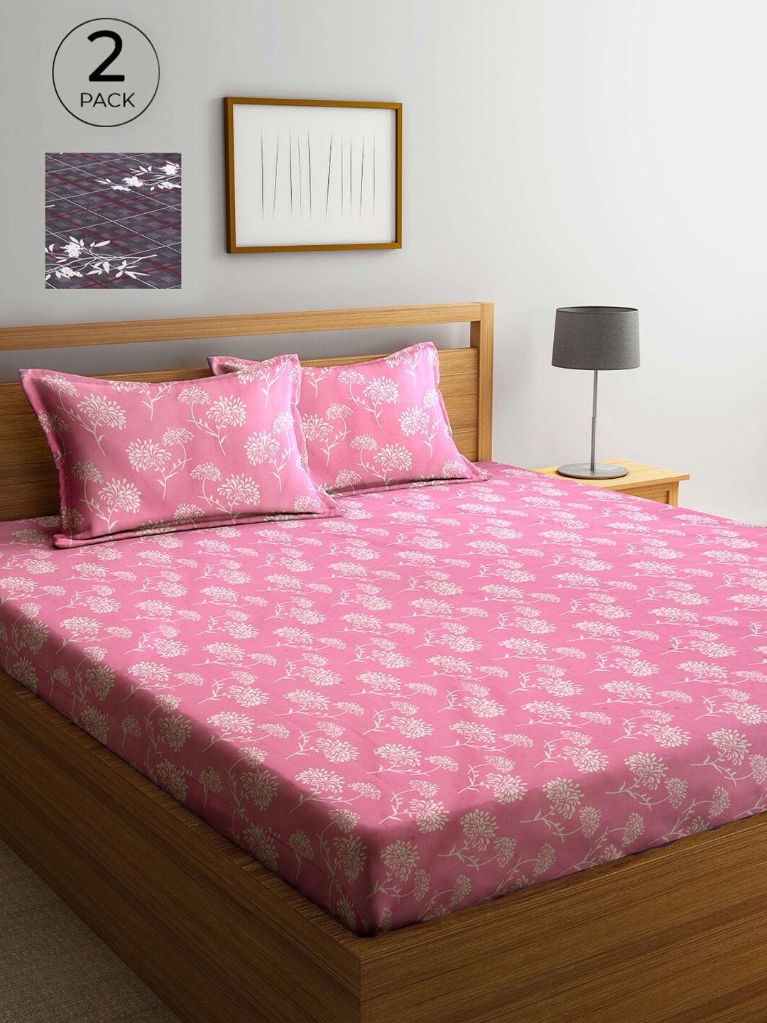 

Arrabi Pink & Grey Floral 300 TC 2 King Bedsheet with 4 Pillow Covers