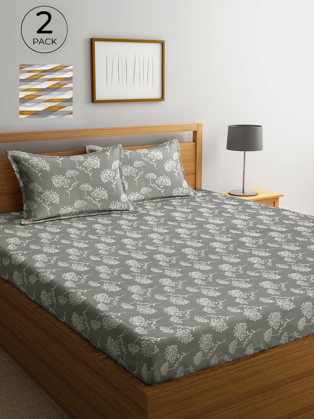 

Arrabi Grey & White Floral 300 TC 2 King Bedsheet with 4 Pillow Covers