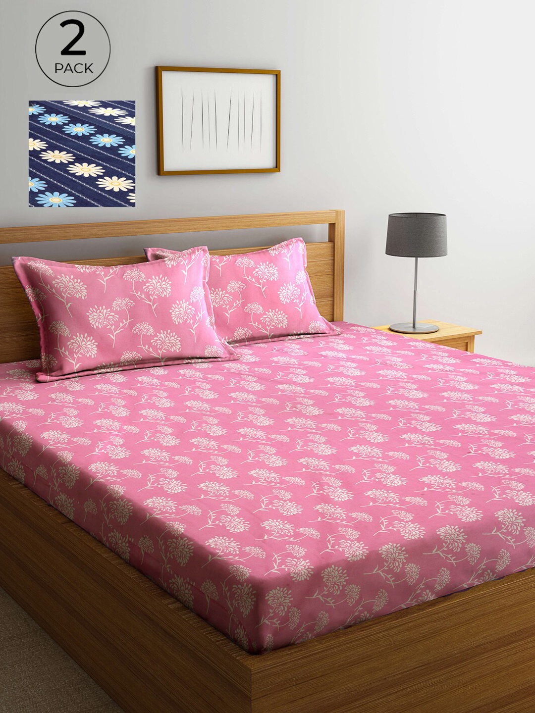 

Arrabi Pink & Blue Floral 300 TC 2 King Bedsheet with 4 Pillow Covers