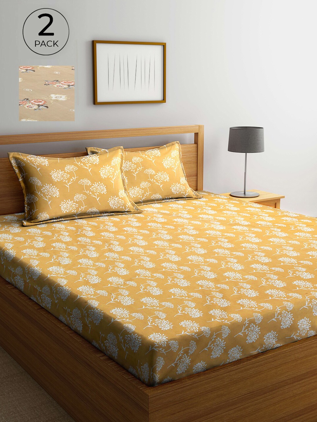 

Arrabi Yellow & White Floral 300 TC 2 King Bedsheet with 4 Pillow Covers