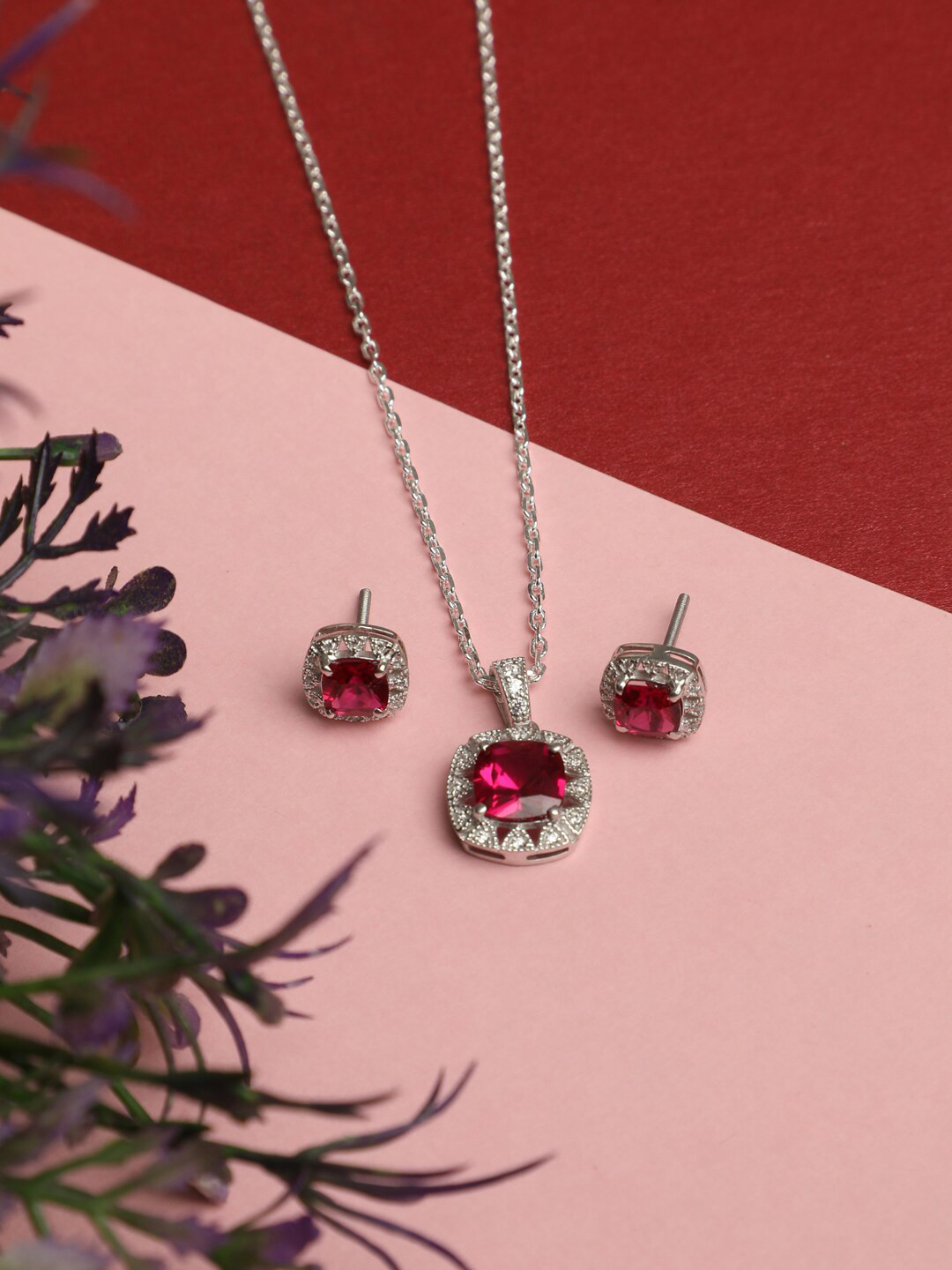 

Clara Silver-Toned & Pink Sterling Silver Rhodium Plated Jewellery Set