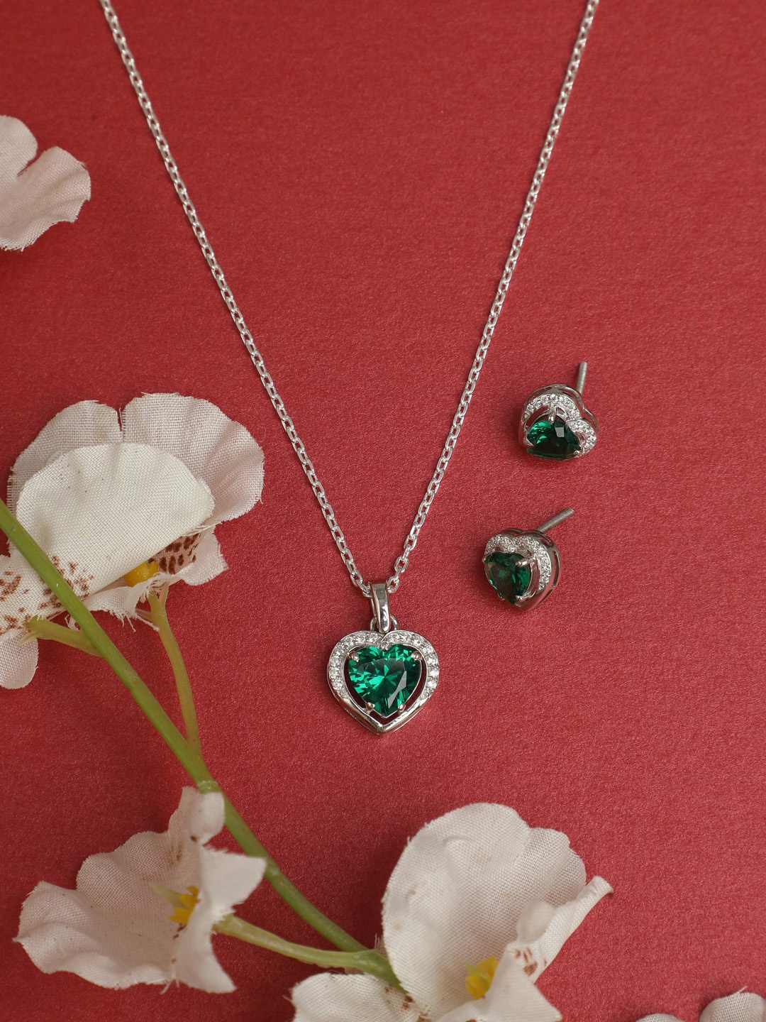 

Clara Green & White Sterling Silver Rhodium-Plated Cubic Zirconia Jewellery Set