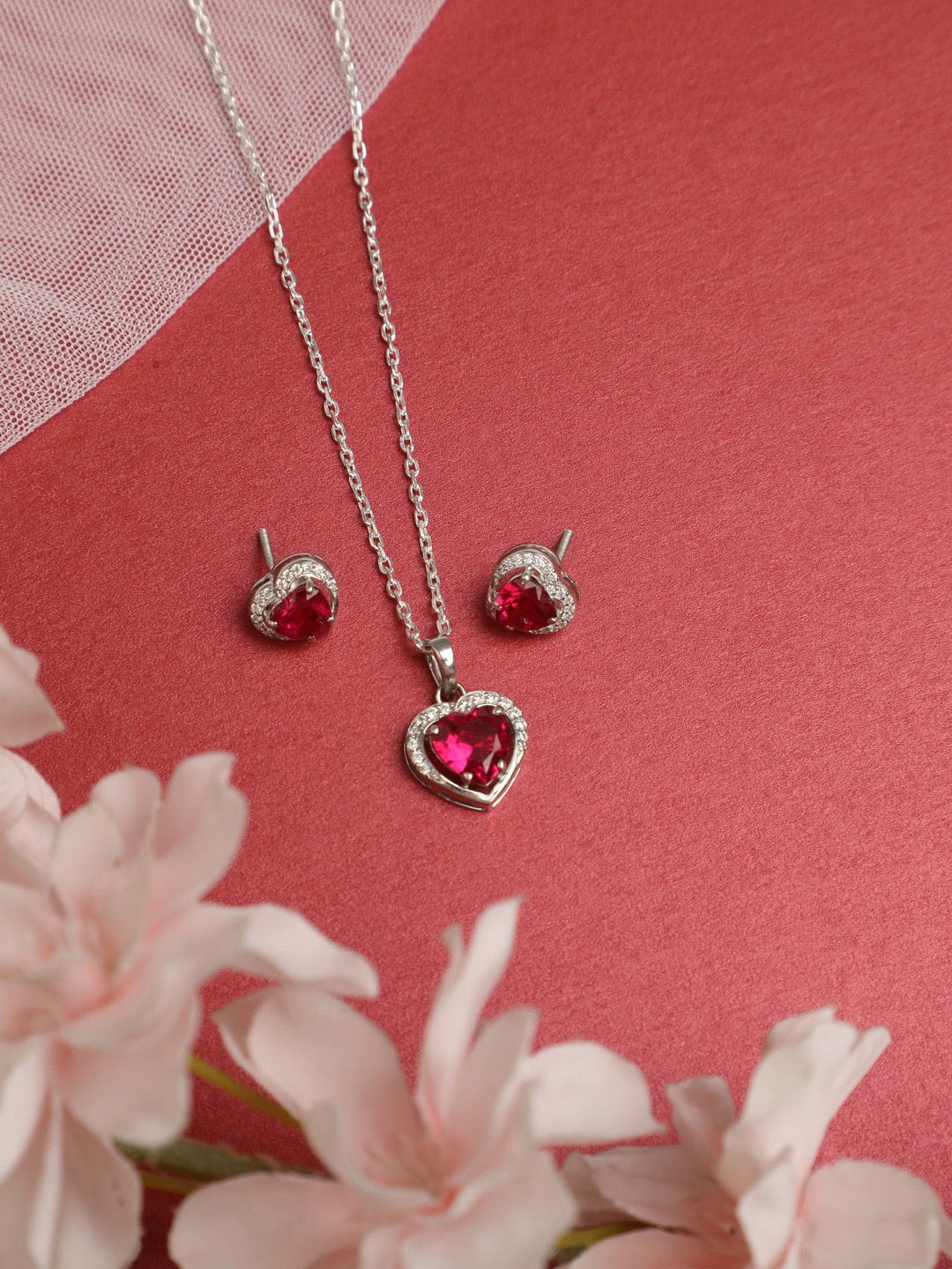 

Clara Rhodium-Plated Silver-Toned & Red CZ Stone Studded Pendant Set