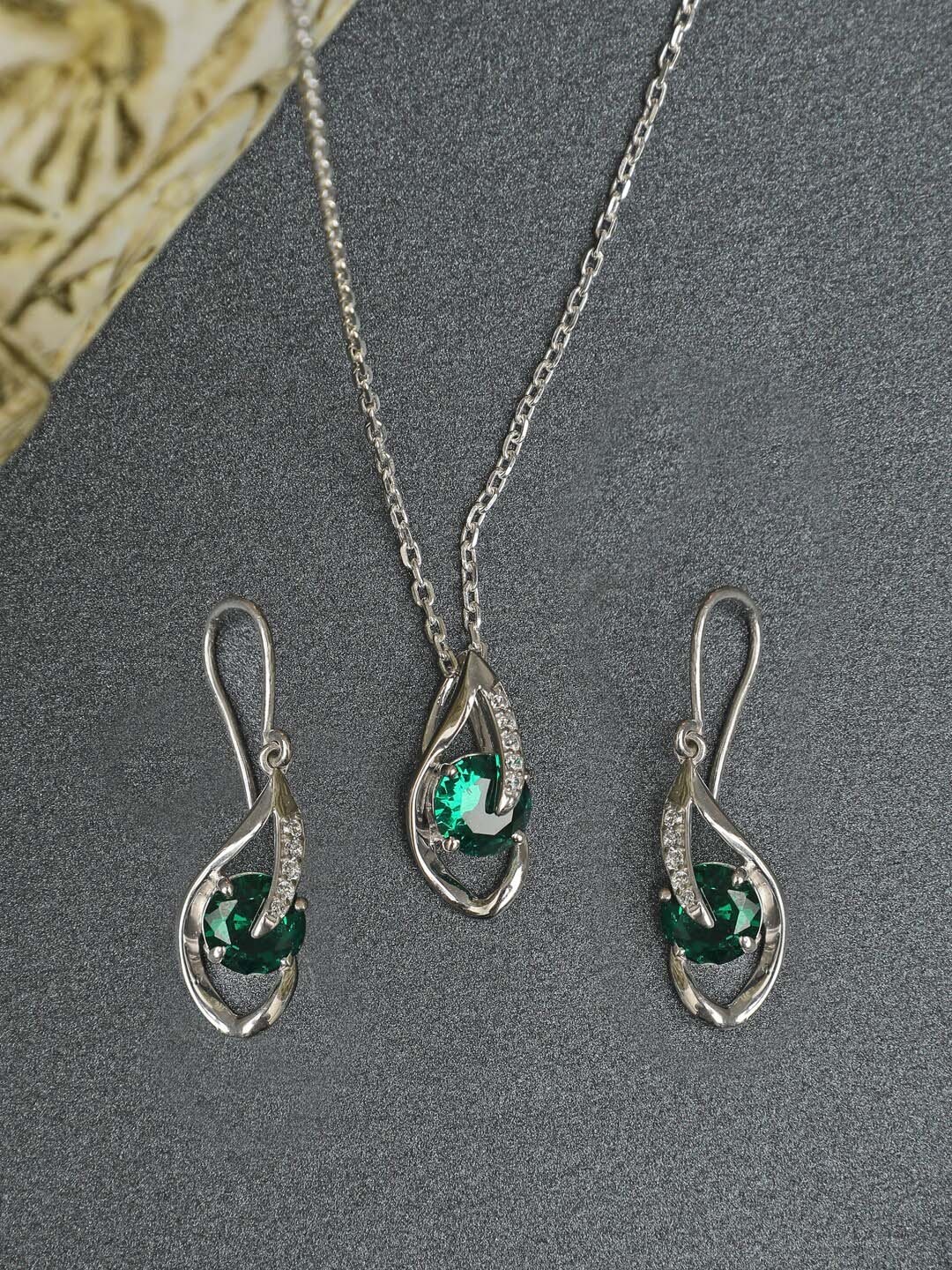 

Clara Silver-Toned & Green Sterling Silver Rhodium-Plated Cubic Zirconia Jewellery Set