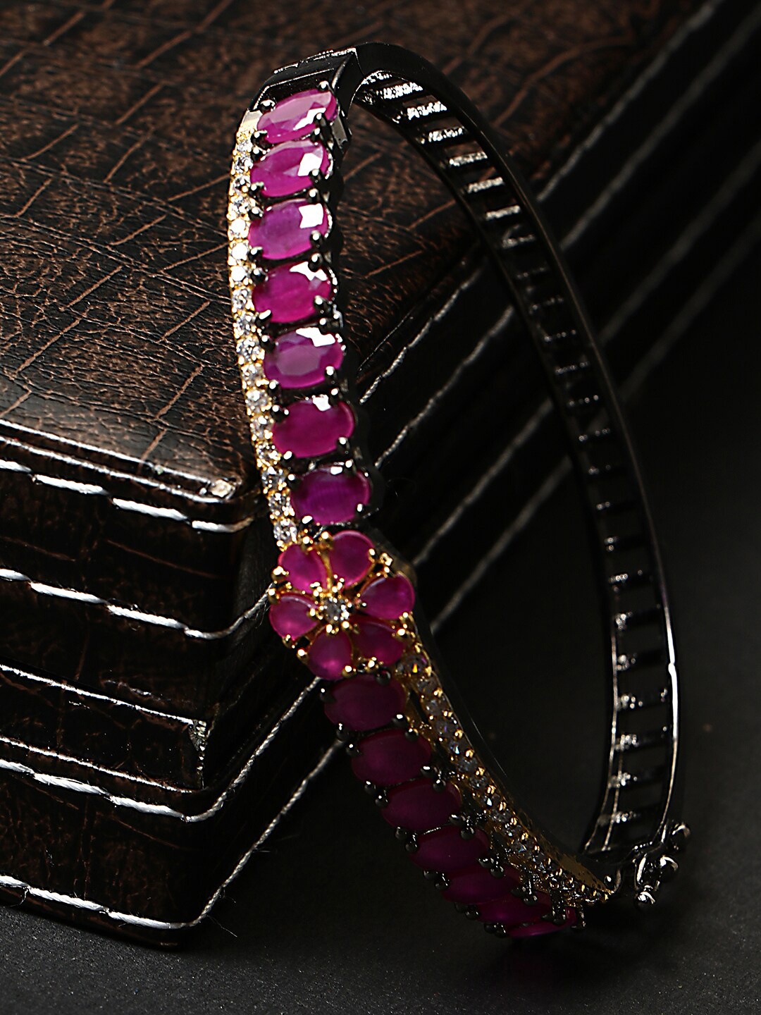 

ANIKAS CREATION Women Magenta Rhodium-Plated American Diamond Bangle-Style Bracelet