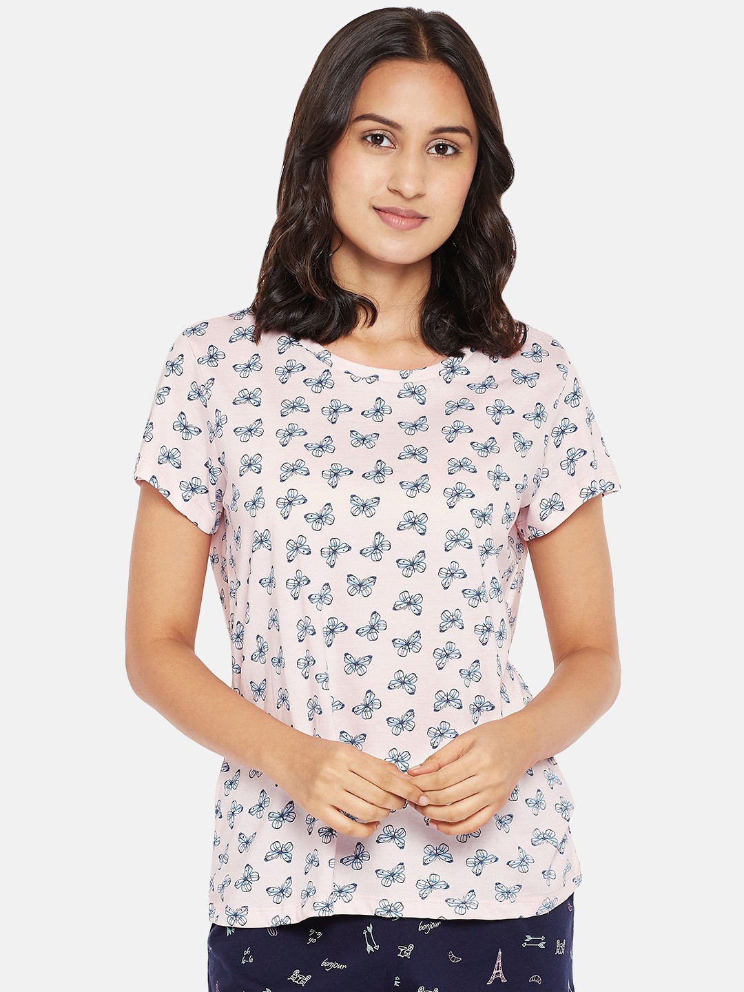 

Dreamz by Pantaloons Women Pink Pure Cotton Butterfly Printed Regular Top