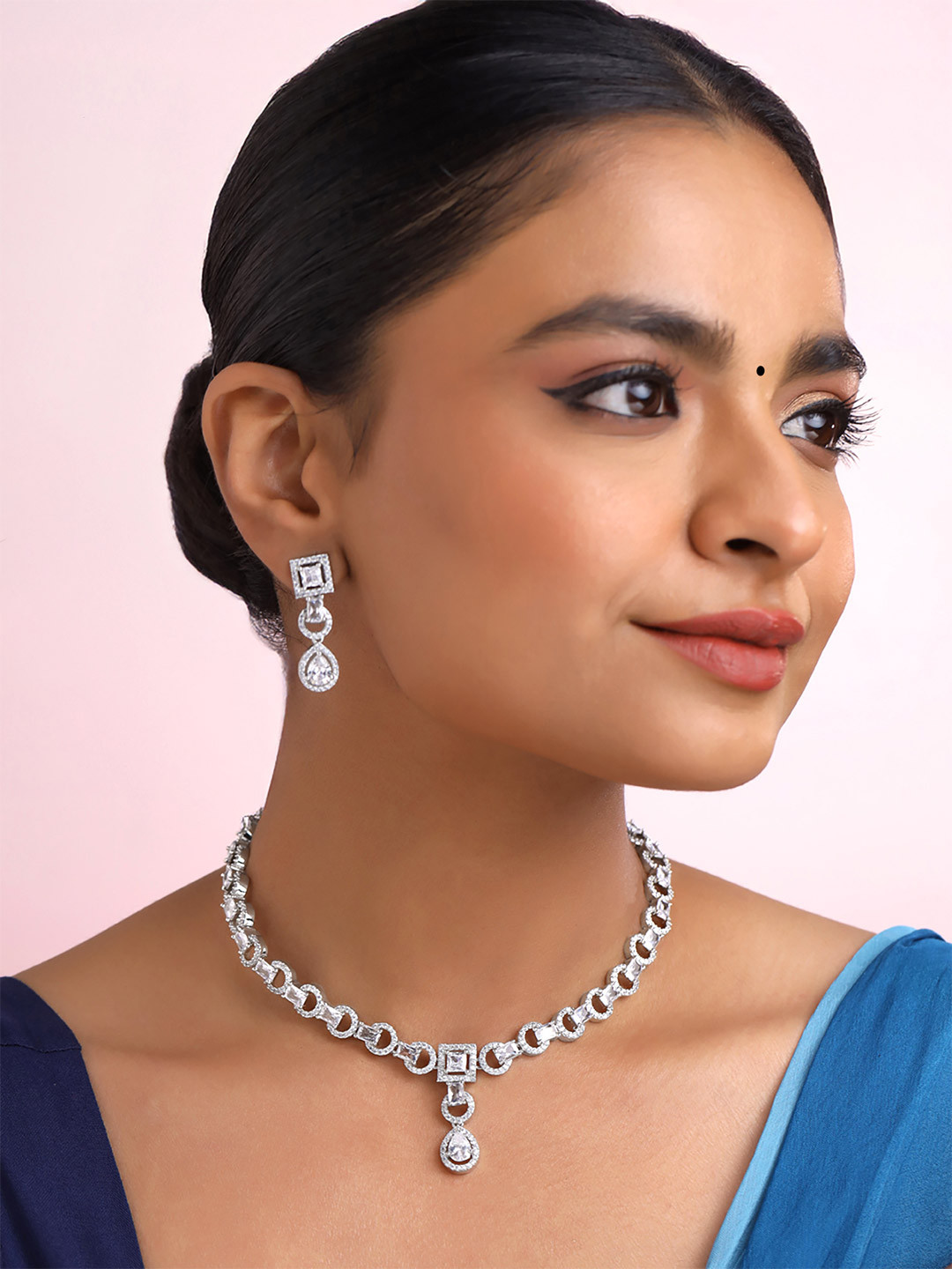 Yellow Chimes Rhodium-Plated American Diamond Studded Jewellery Set