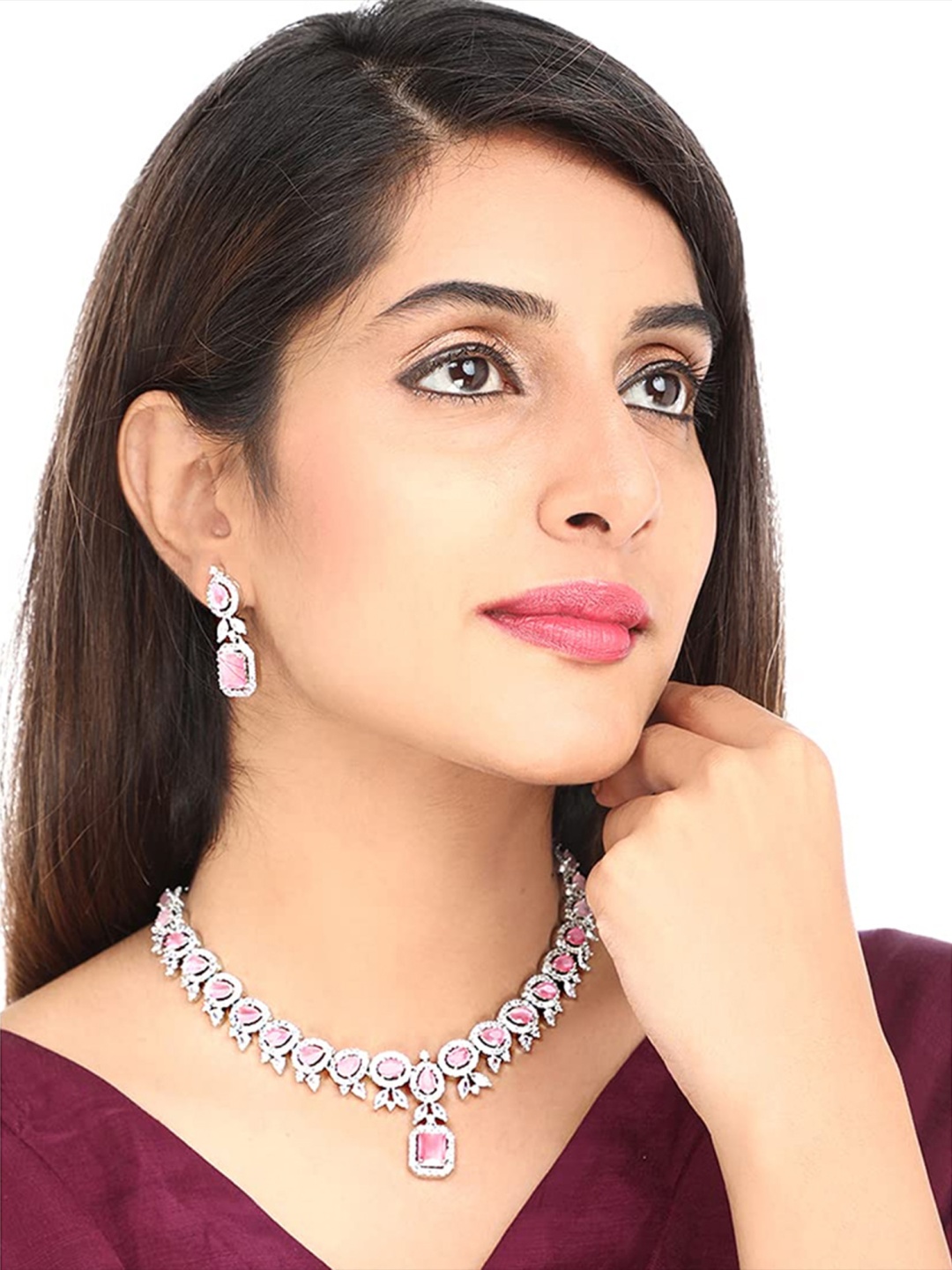 

Yellow Chimes Silver Plated Pink American Diamond Studded Handcrafted Jewellery Set
