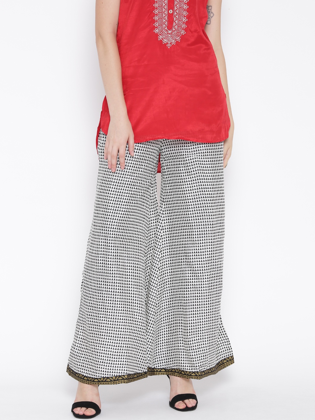 

W Off-White & Black Printed Palazzo Trousers