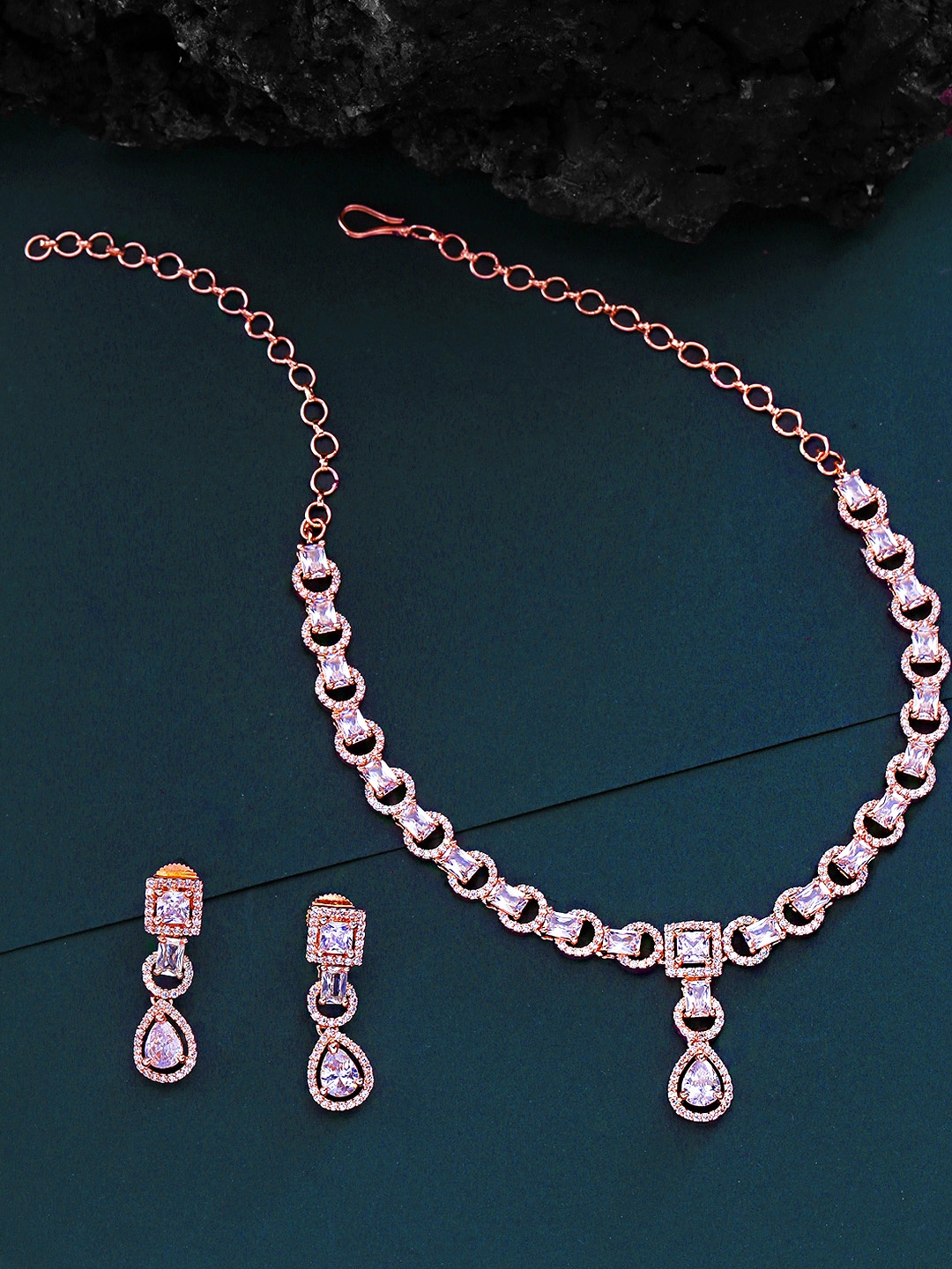 

Yellow Chimes Rose-Gold Plated American Diamond Studded Jewellery Set