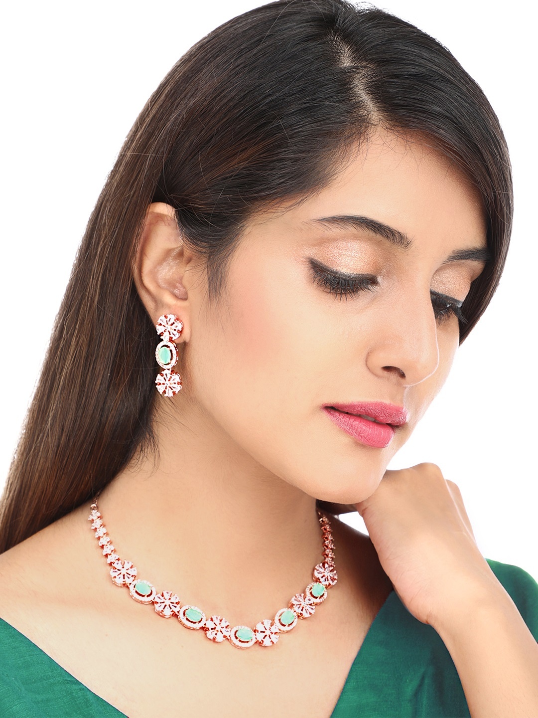 

Yellow Chimes Rose Gold-Plated Green American Diamond Studded Handcrafted Floral Jewellery Set
