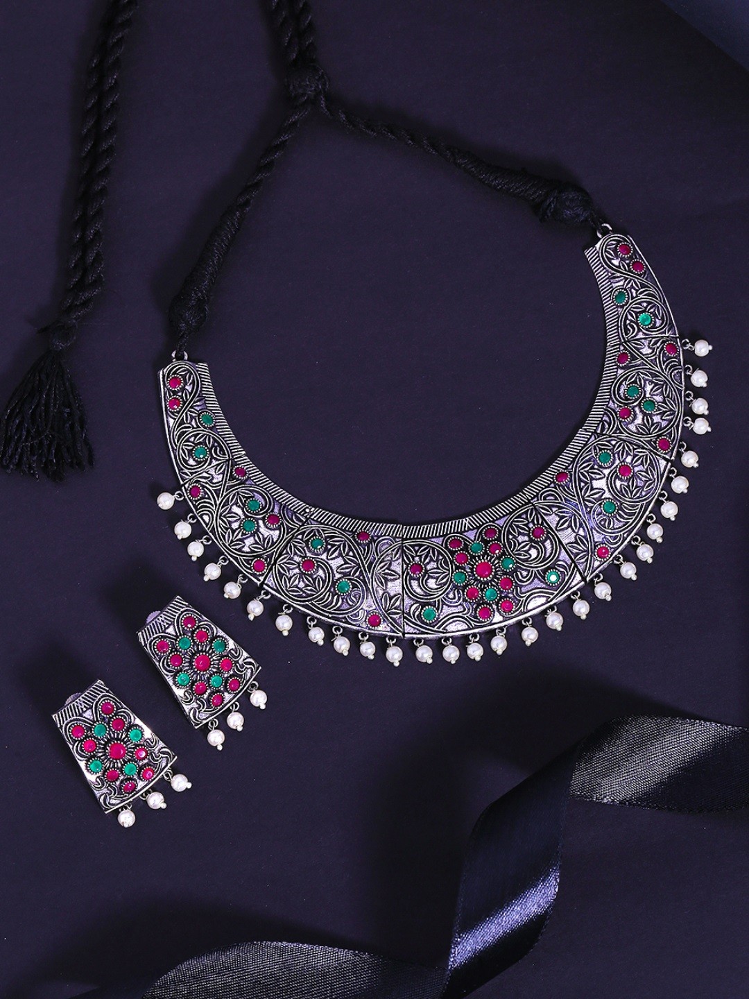

Yellow Chimes Oxidised Silver- plated Studded Green & Pink Stones Choker Necklace Set