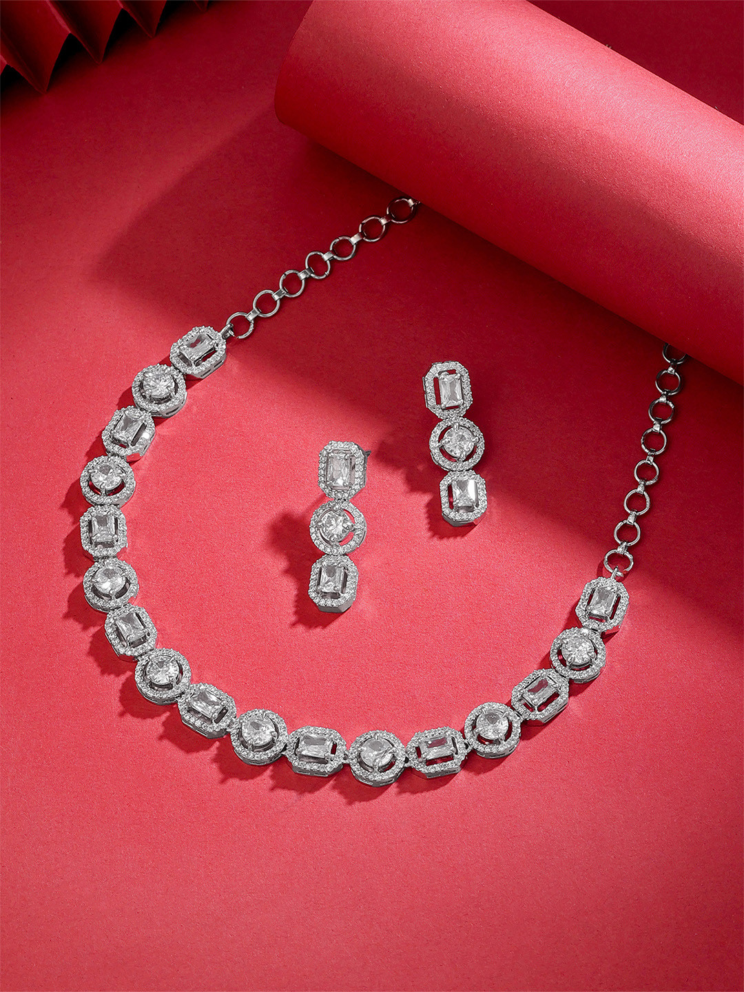 Yellow Chimes Rhodium Plated American Diamond Studded Jewellery Set