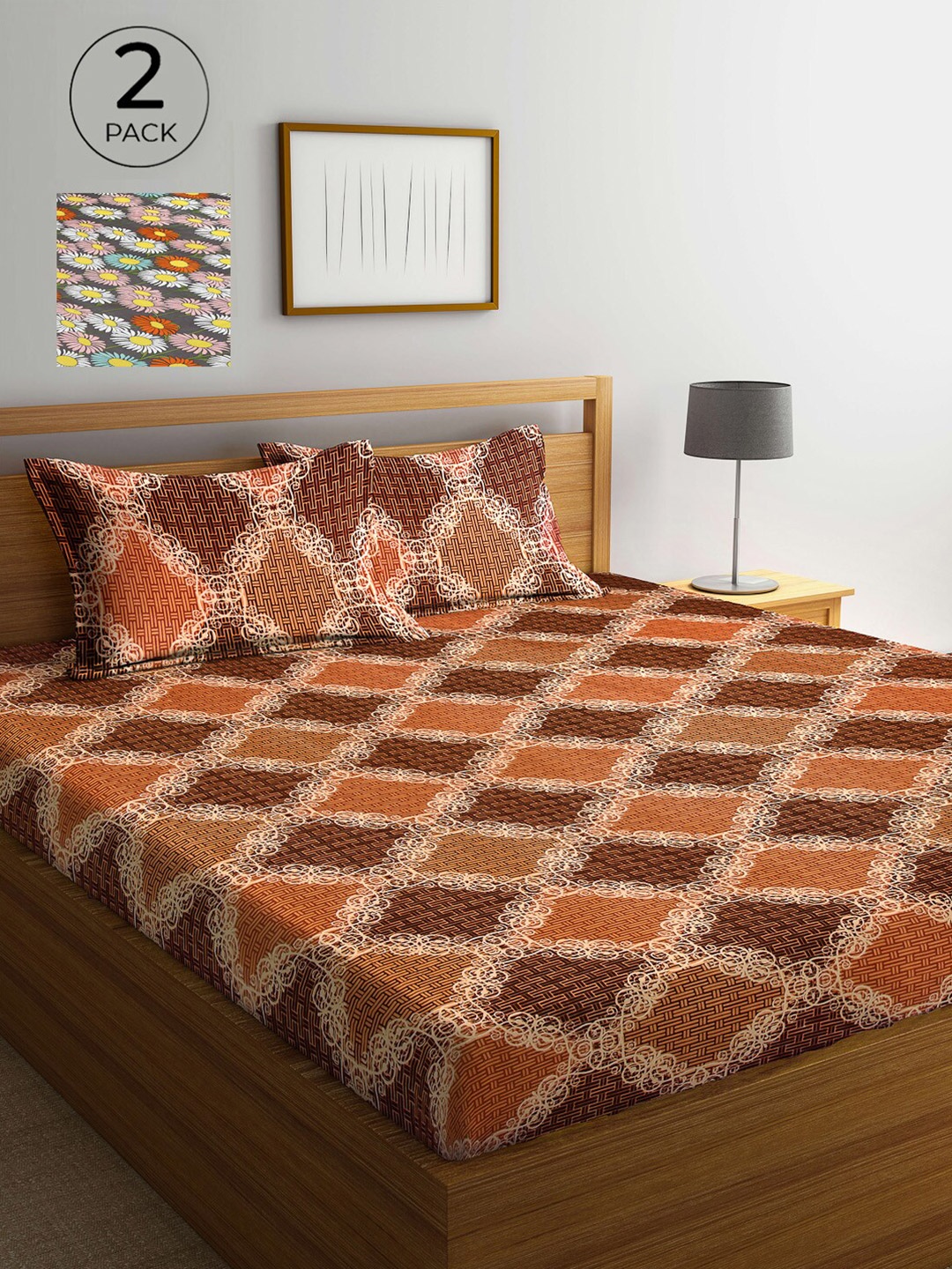 

Arrabi Orange & Grey Ethnic Motifs 300 TC 2 King Bedsheet with 4 Pillow Covers