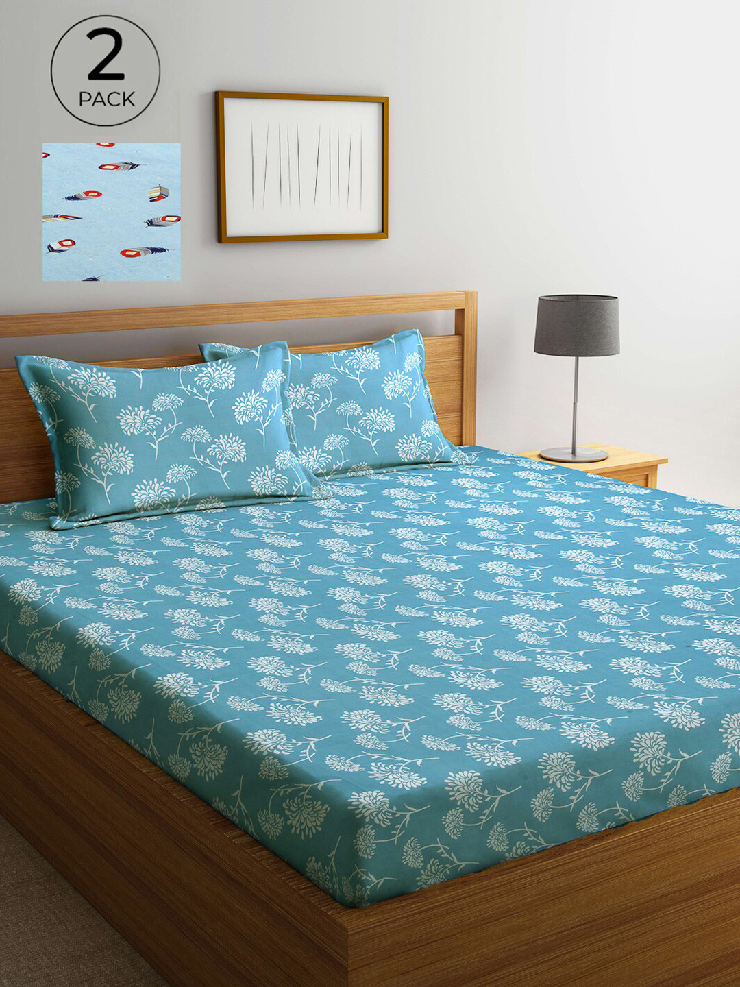 

Arrabi Blue & Red Floral 300 TC 2 King Bedsheet with 4 Pillow Covers