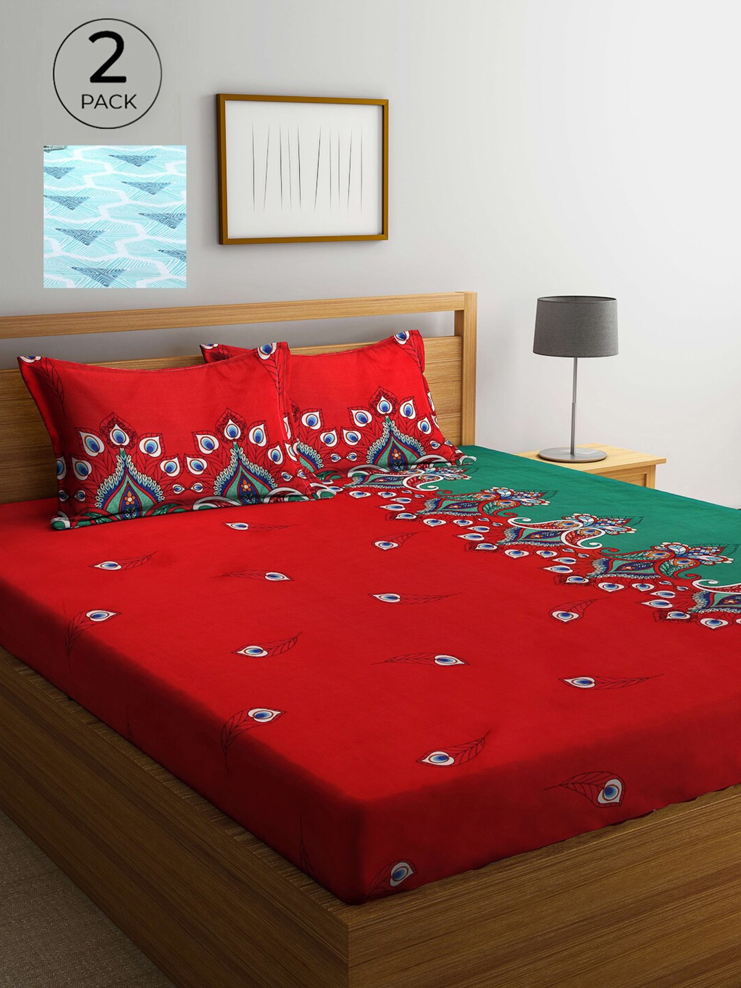 

Arrabi Turquoise Blue & Red Ethnic Motifs 300 TC 2 King Bedsheet with 4 Pillow Covers