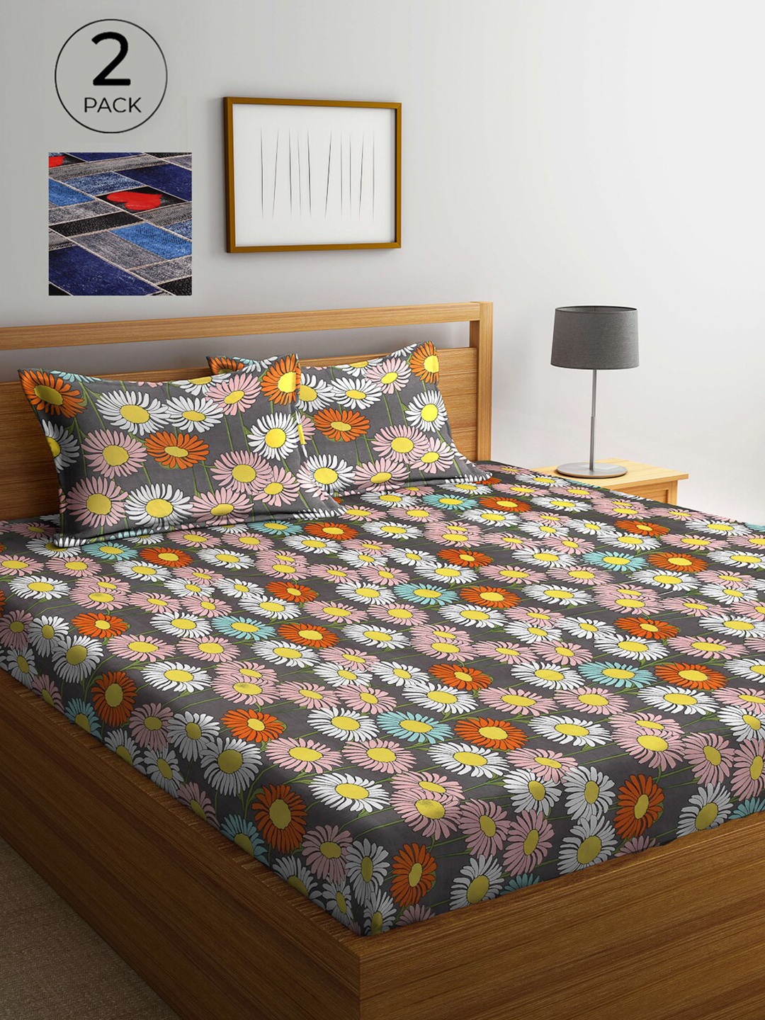 

Arrabi Blue & Grey Floral 300 TC 2 King Bedsheet with 4 Pillow Covers