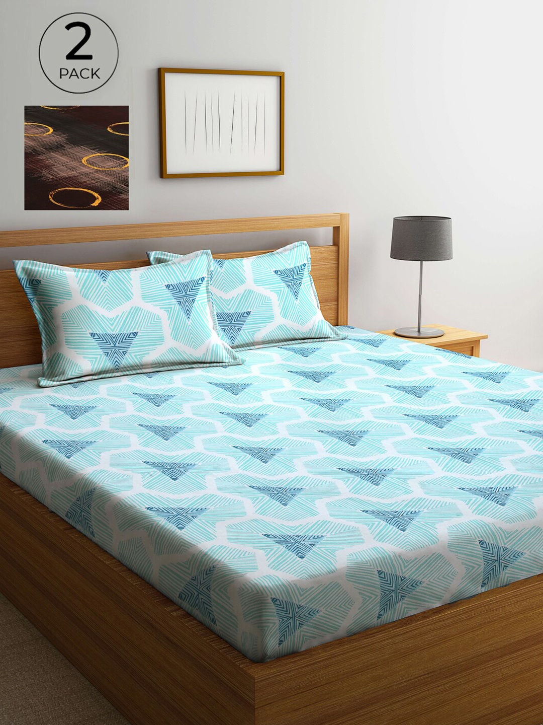 

Arrabi Brown & Turquoise Blue Geometric 300 TC 2 King Bedsheet with 4 Pillow Covers