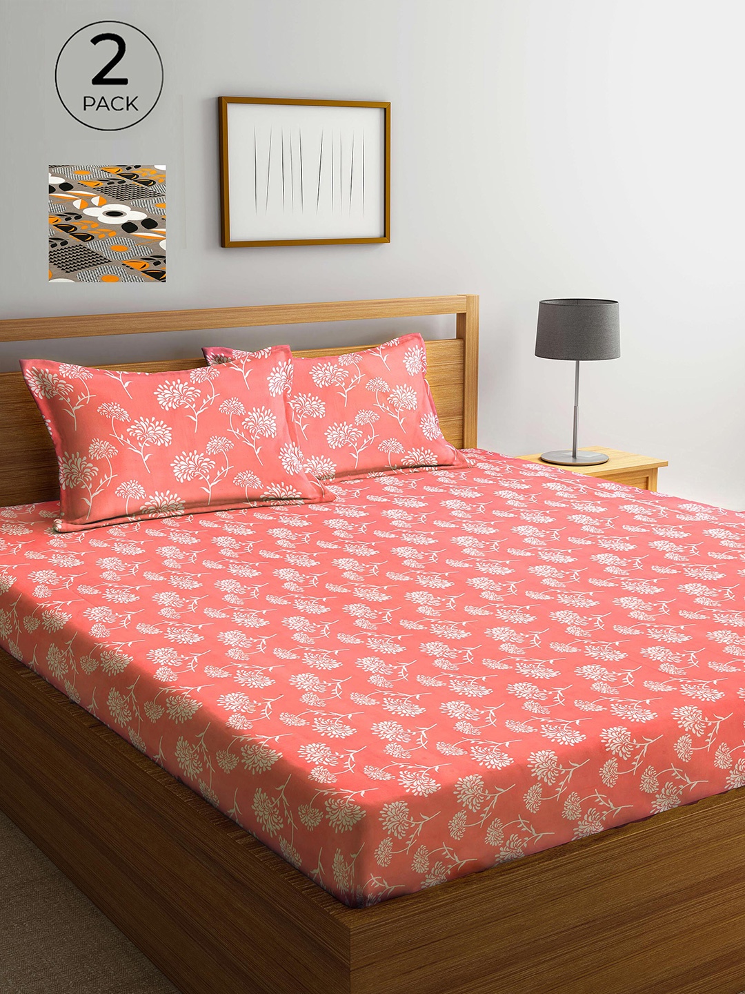 

Arrabi Pink & Grey Floral 300 TC 2 King Bedsheet with 4 Pillow Covers