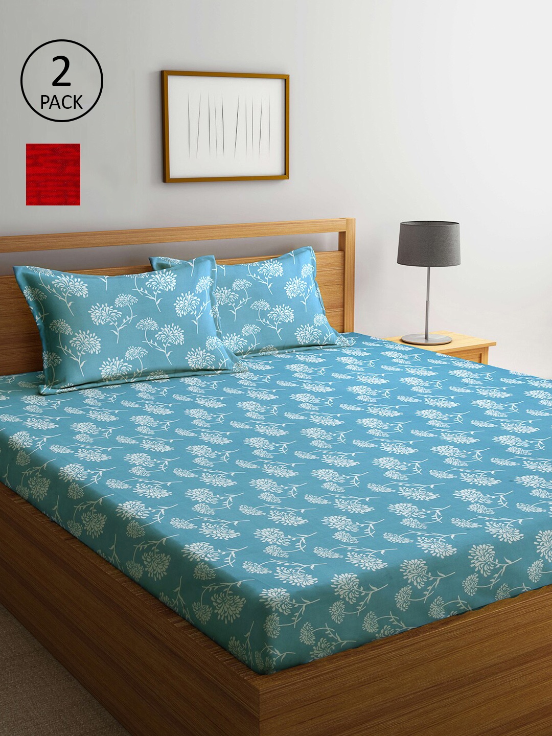 

Arrabi Red & Blue Floral 300 TC 2 King Bedsheet with 4 Pillow Covers