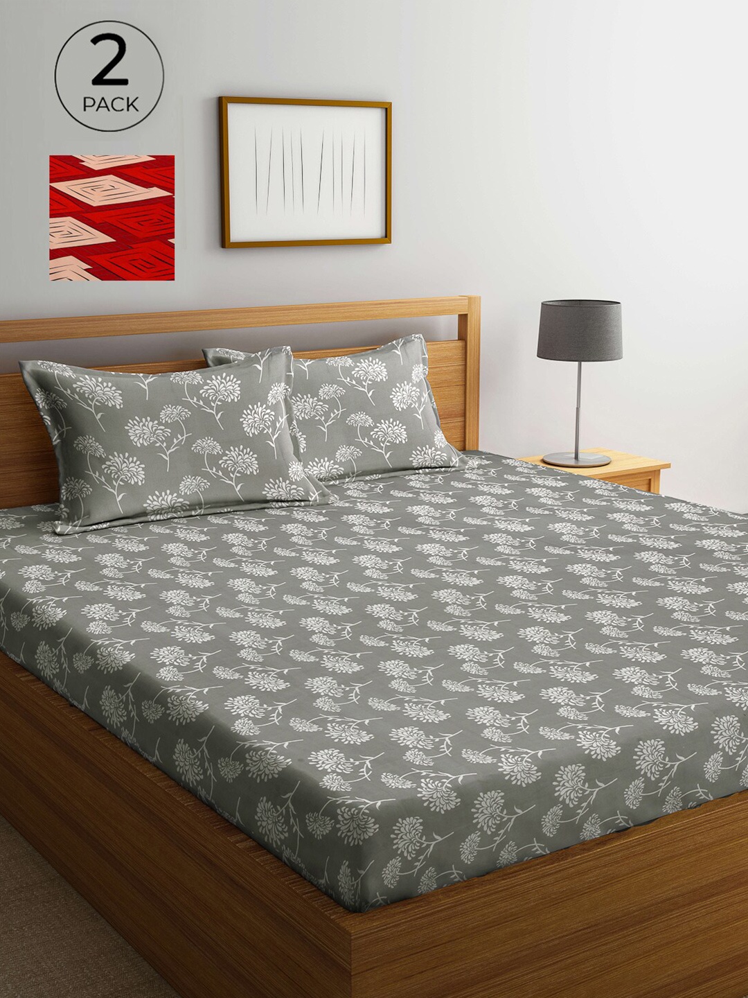 

Arrabi Grey & Red Floral 300 TC 2 King Bedsheet with 4 Pillow Covers