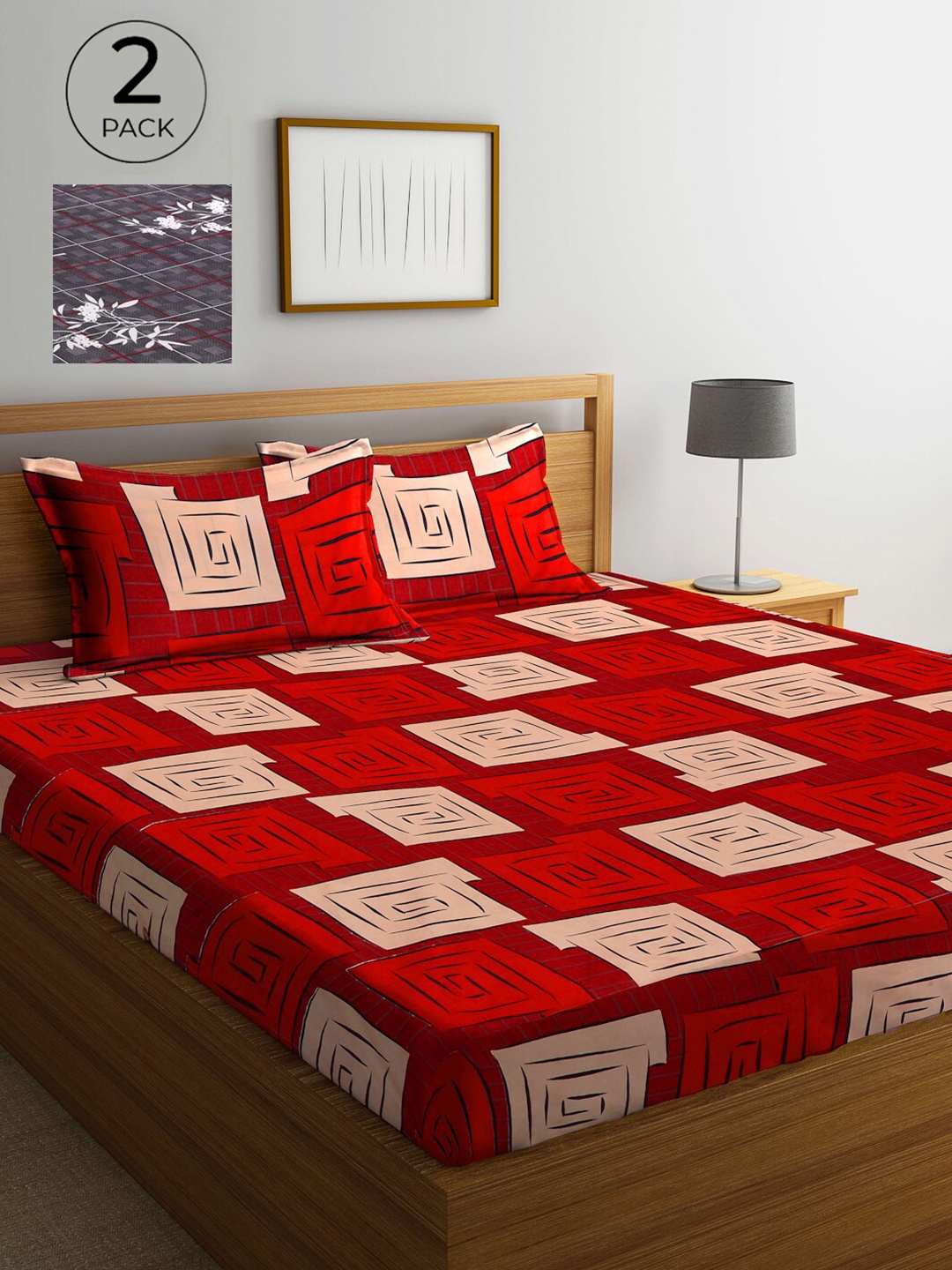 

Arrabi Grey & Red Geometric 300 TC 2 King Bedsheet with 4 Pillow Covers