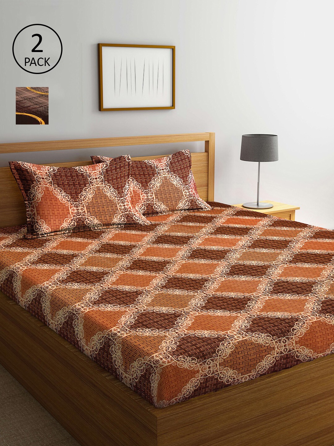 

Arrabi Brown & Cream-Coloured Geometric 300 TC 2 King Bedsheet with 4 Pillow Covers