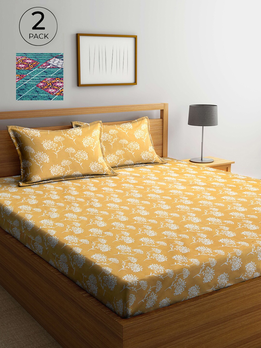 

Arrabi Green & Beige Floral 300 TC 2 King Bedsheet with 4 Pillow Covers