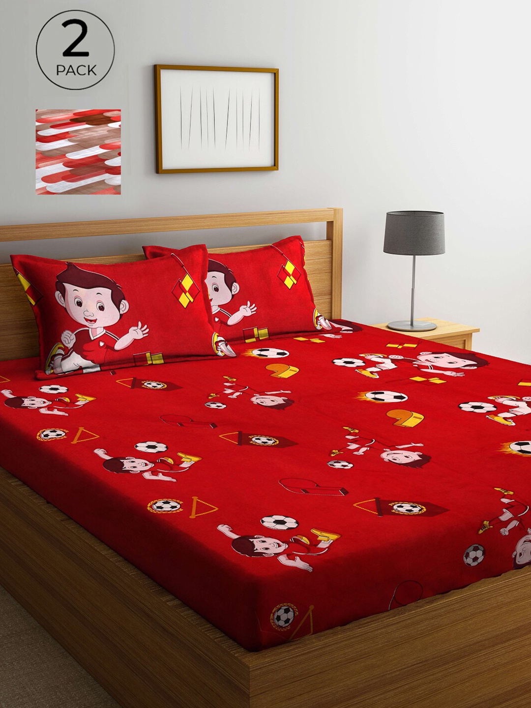 

Arrabi Red & Brown Cartoon Characters 300 TC 2 King Bedsheet with 4 Pillow Covers