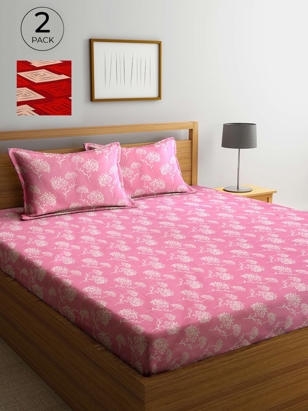 

Arrabi Pink & Red Floral 300 TC 2 King Bedsheet with 4 Pillow Covers