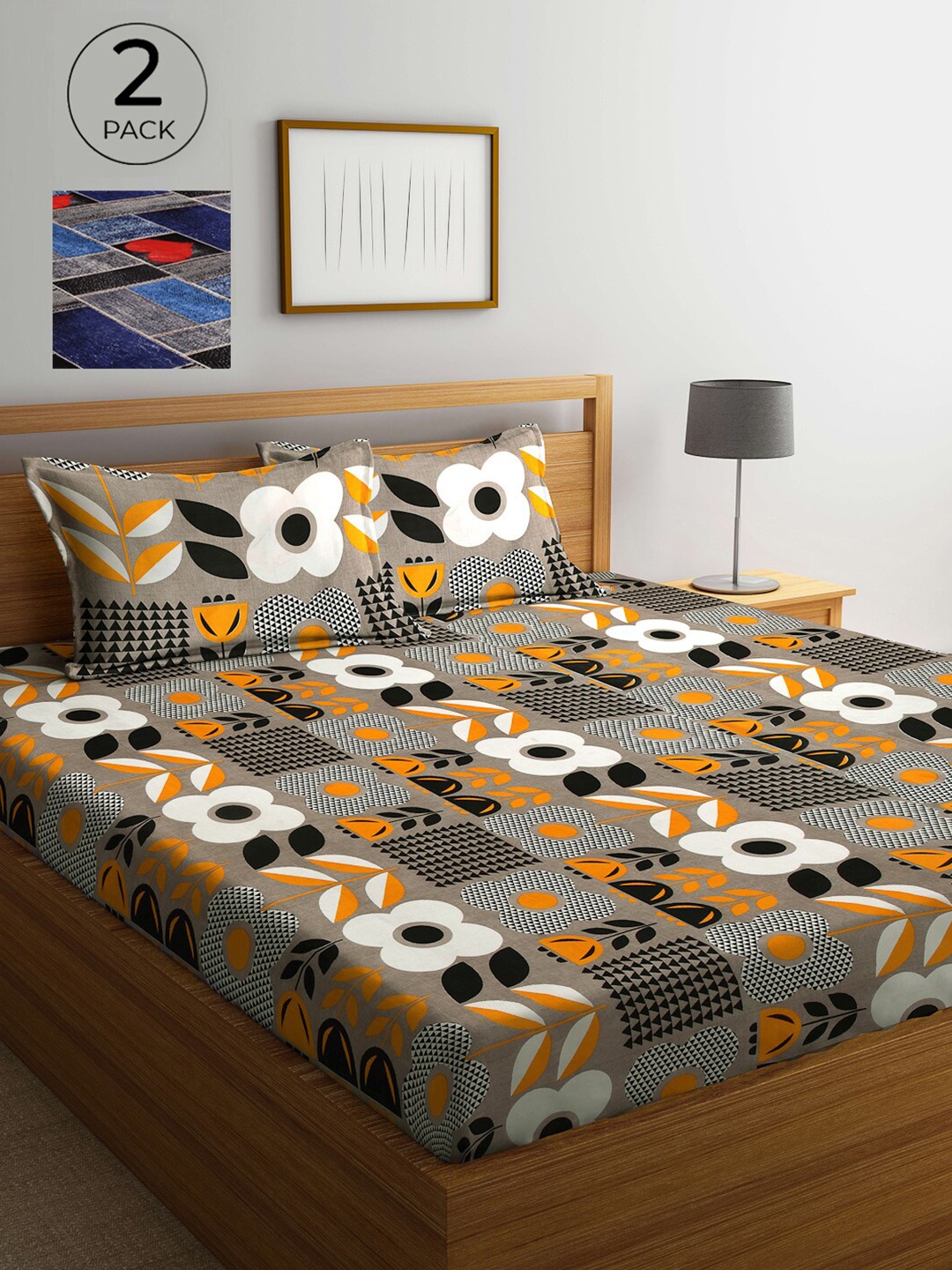 

Arrabi Grey & Green Floral 300 TC 2 King Bedsheet with 4 Pillow Covers