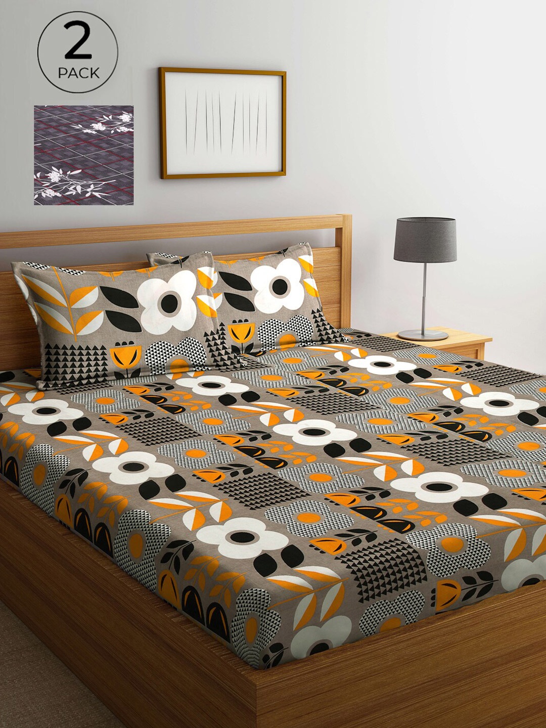 

Arrabi Grey & White Floral 300 TC 2 King Bedsheet with 4 Pillow Covers