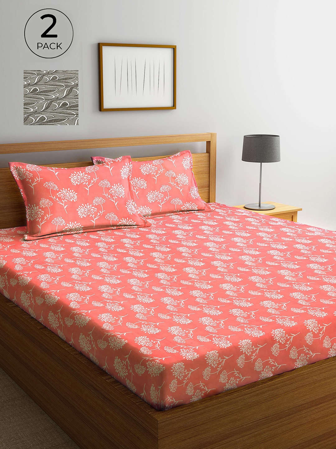 

Arrabi Coral & Grey Floral 300 TC 2 King Bedsheet with 4 Pillow Covers