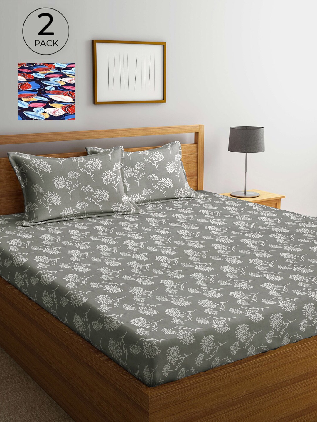 

Arrabi Grey & Red Floral 300 TC 2 King Bedsheet with 4 Pillow Covers