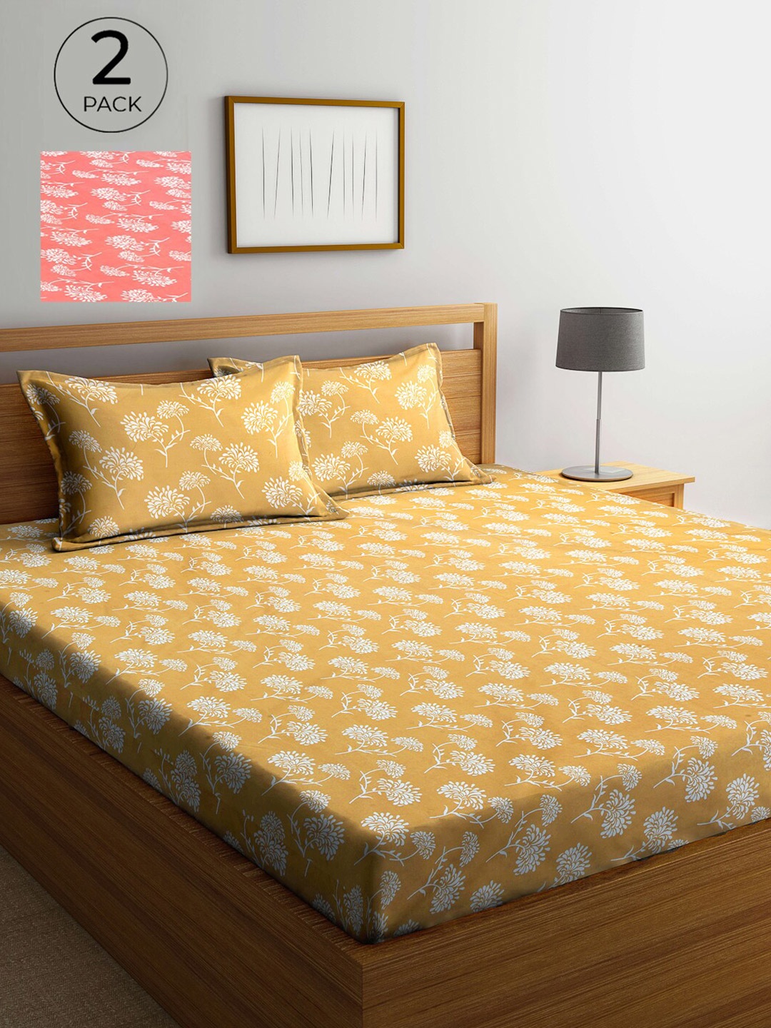 

Arrabi Pink & Mustard Yellow Floral 300 TC 2 King Bedsheet with 4 Pillow Covers