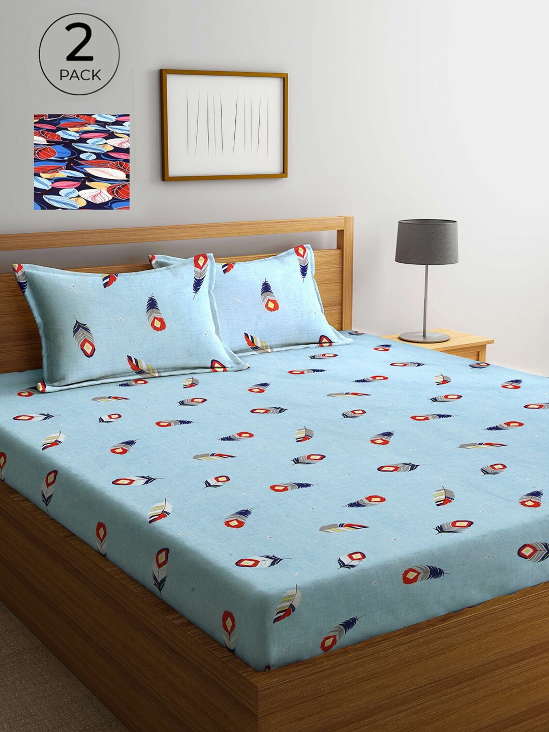 

Arrabi Navy Blue & Red Floral 300 TC 2 King Bedsheet with 4 Pillow Covers