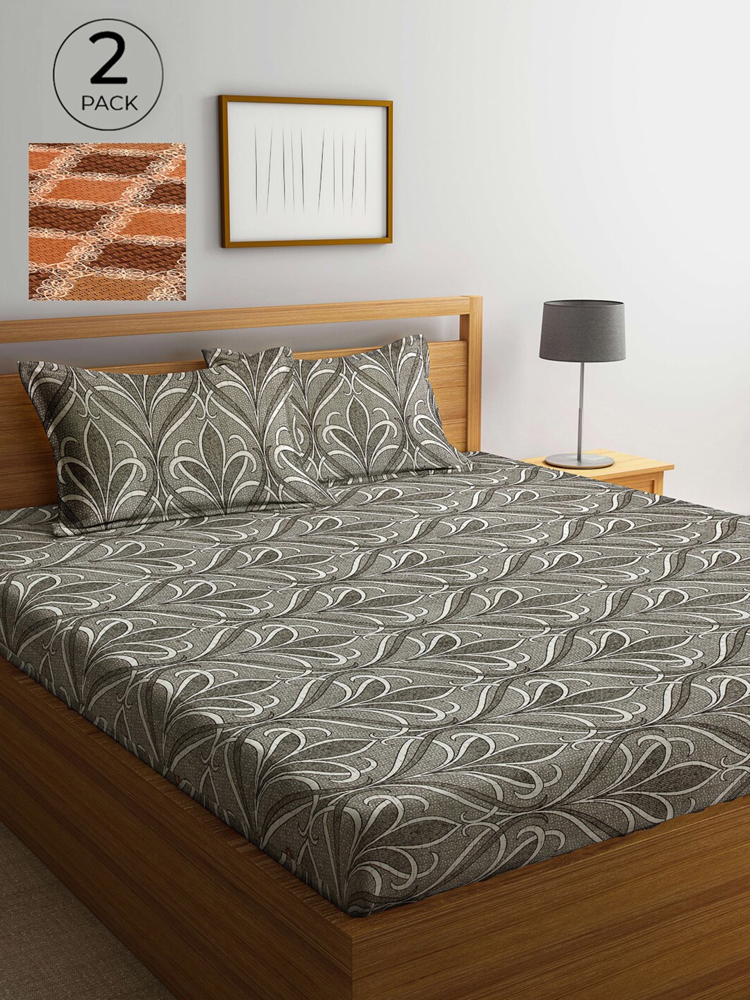 

Arrabi Grey & Brown Ethnic Motifs 300 TC 2 King Bedsheet with 4 Pillow Covers