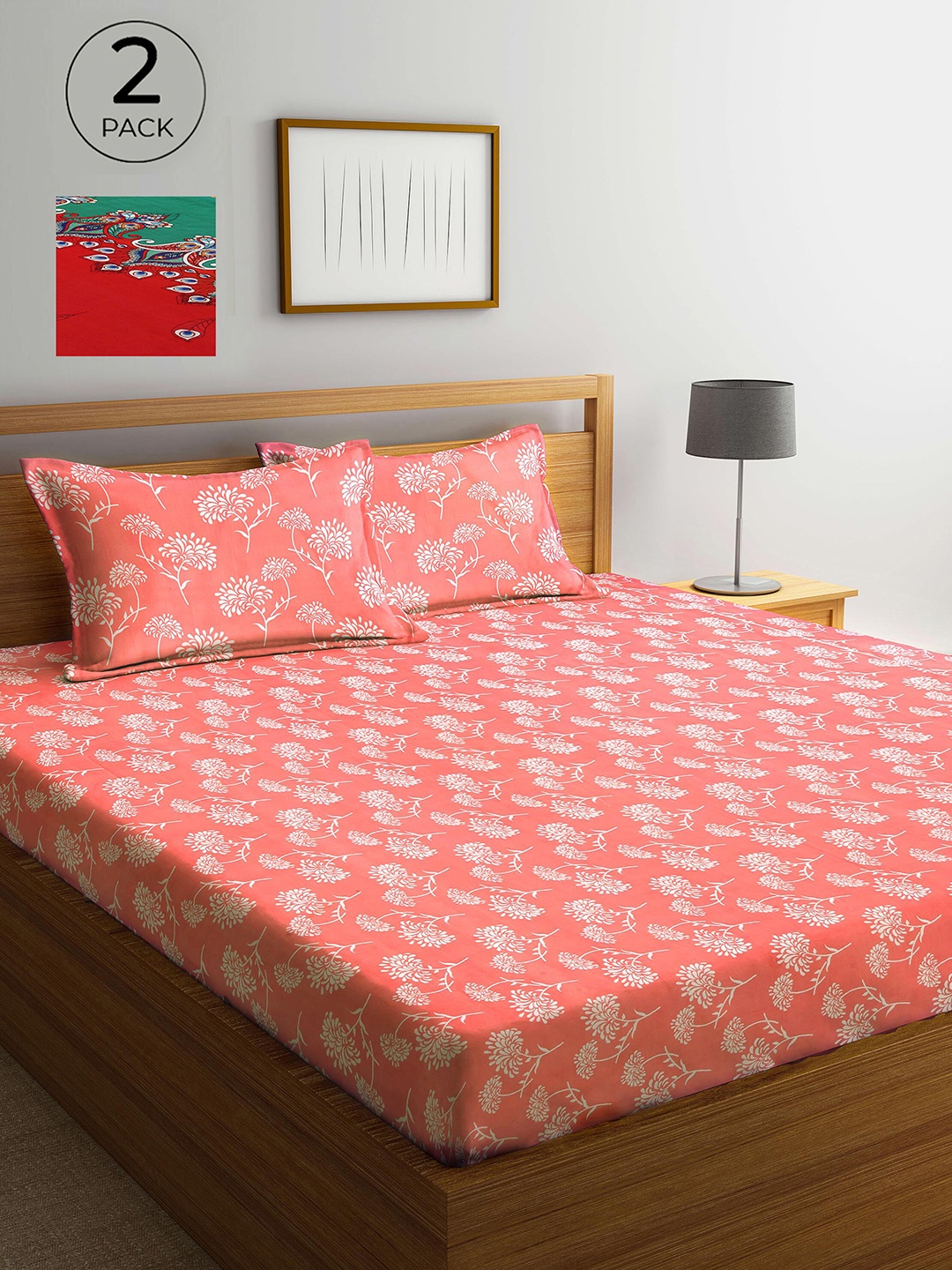 

Arrabi Pink & Red Floral 300 TC 2 King Bedsheet with 4 Pillow Covers