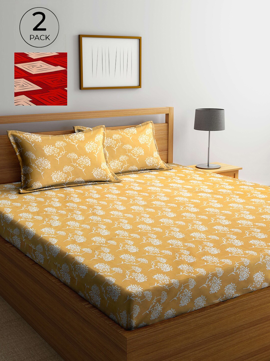 

Arrabi Mustard Yellow & Red Floral 300 TC 2 King Bedsheet with 4 Pillow Covers