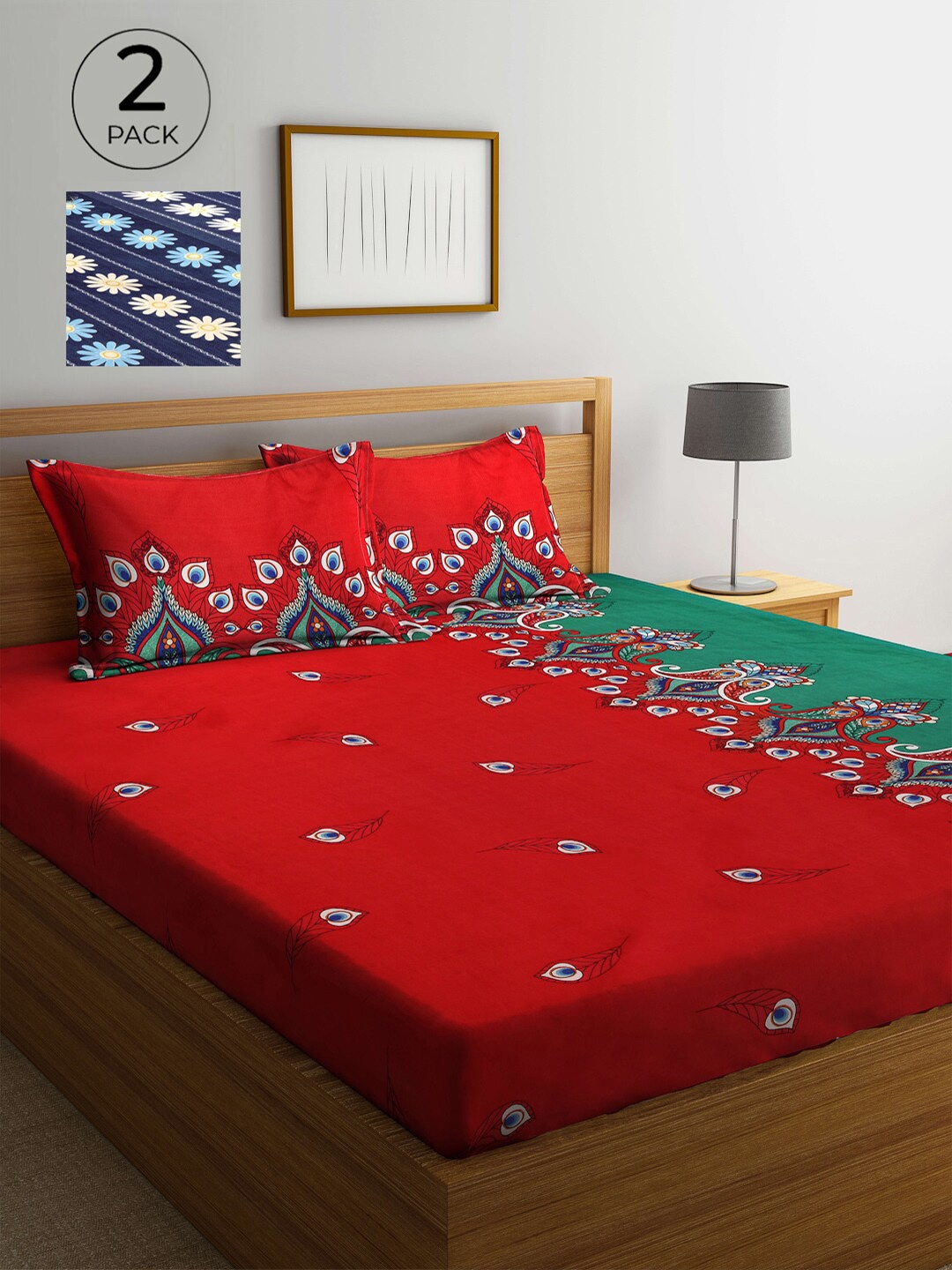

Arrabi Red & Blue Ethnic Motifs 300 TC 2 King Bedsheets with 4 Pillow Covers
