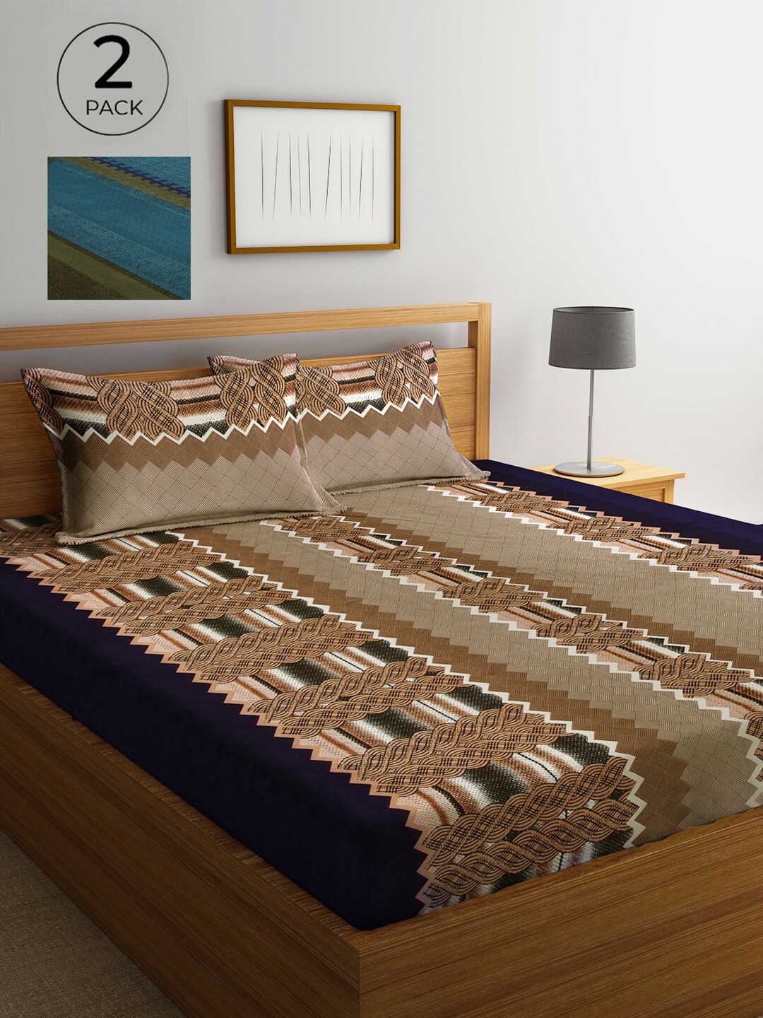 

Arrabi Pack Of 2 Printed 300 TC King Bedsheet with 2 Pillow Covers, Blue