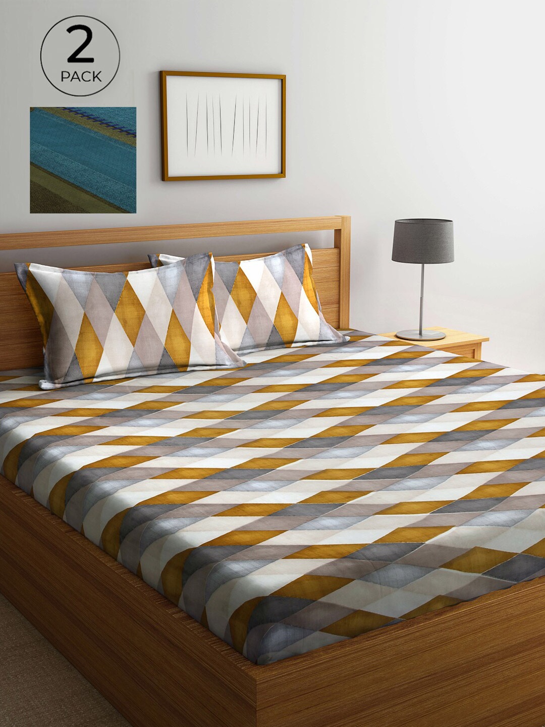 

Arrabi Set Of 2 Multicoloured Geometric 300 TC King Bedsheet With 4 Pillow Covers, Multi