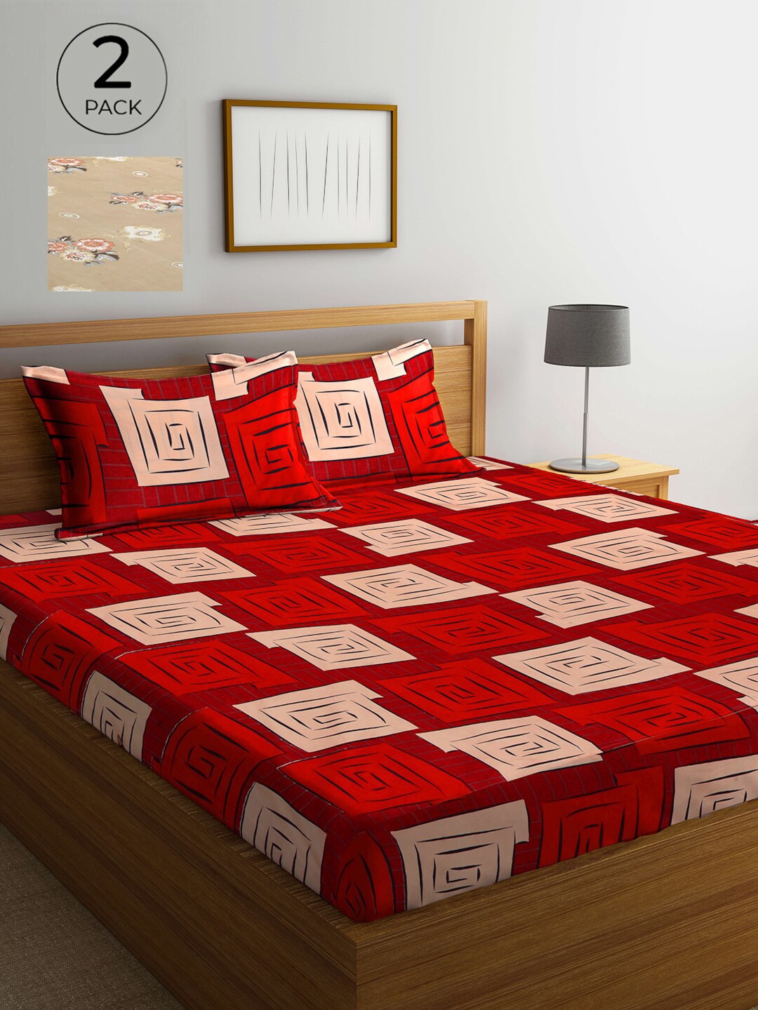

Arrabi Pack Of 2 Geometric 300 TC 2 Double King Bedsheet with 4 Pillow Covers, Red